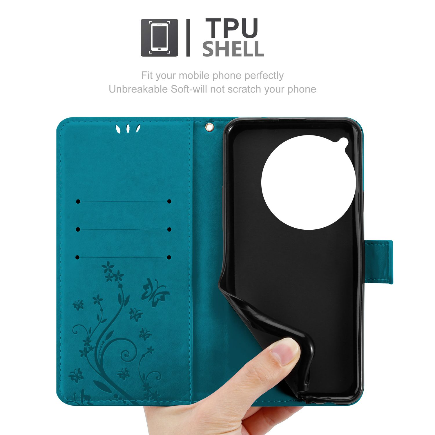 Custodia per telefono turchese con un design floreale. Una mano tiene un telefono all'interno della custodia.