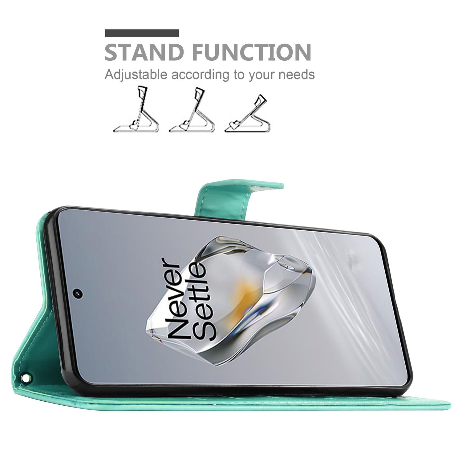 Telefono in custodia turchese aperta con funzione stand, che mostra uno schermo.