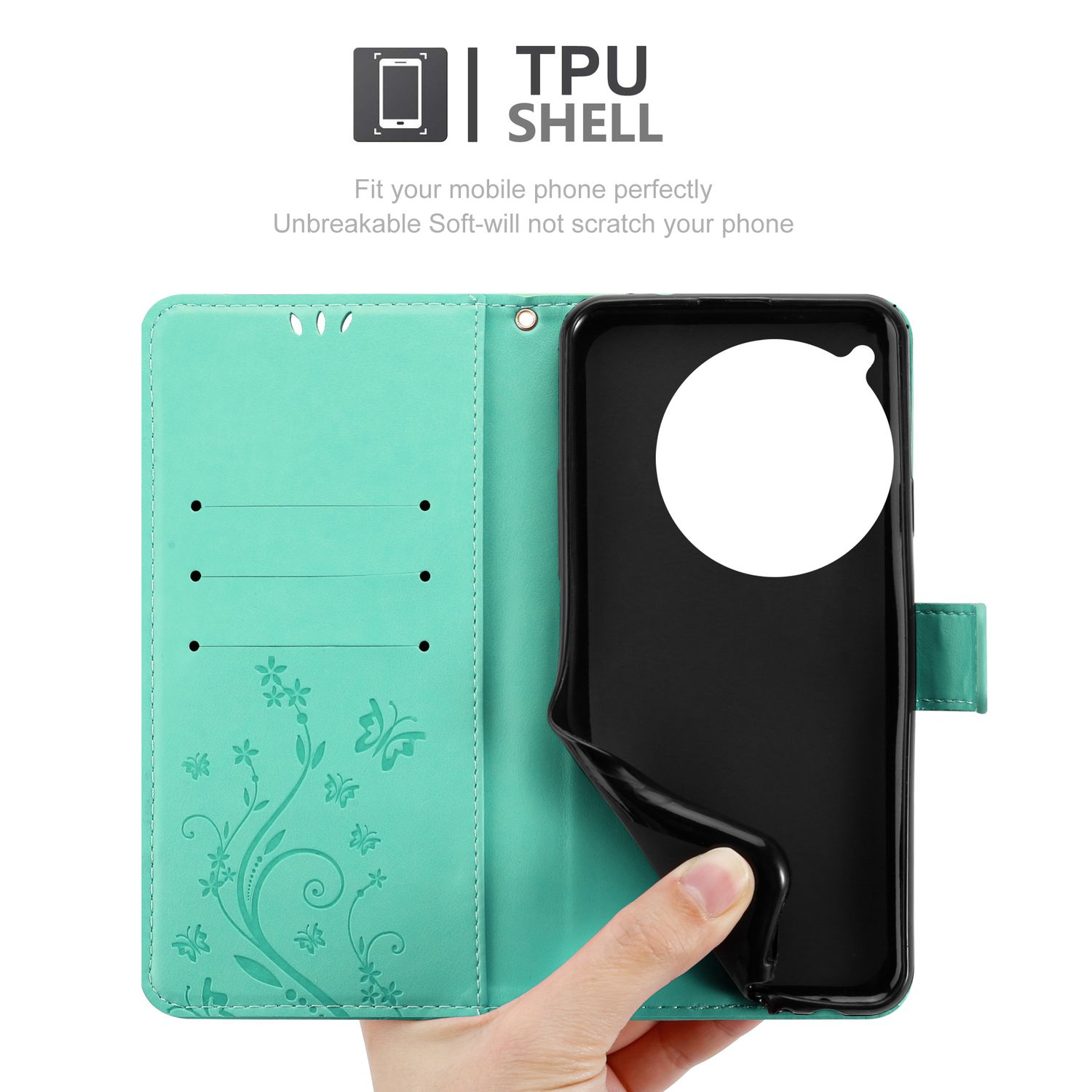 Custodia per telefono verde acqua con telefono dentro. Testo TPU SHELL. Mano che tiene la custodia.