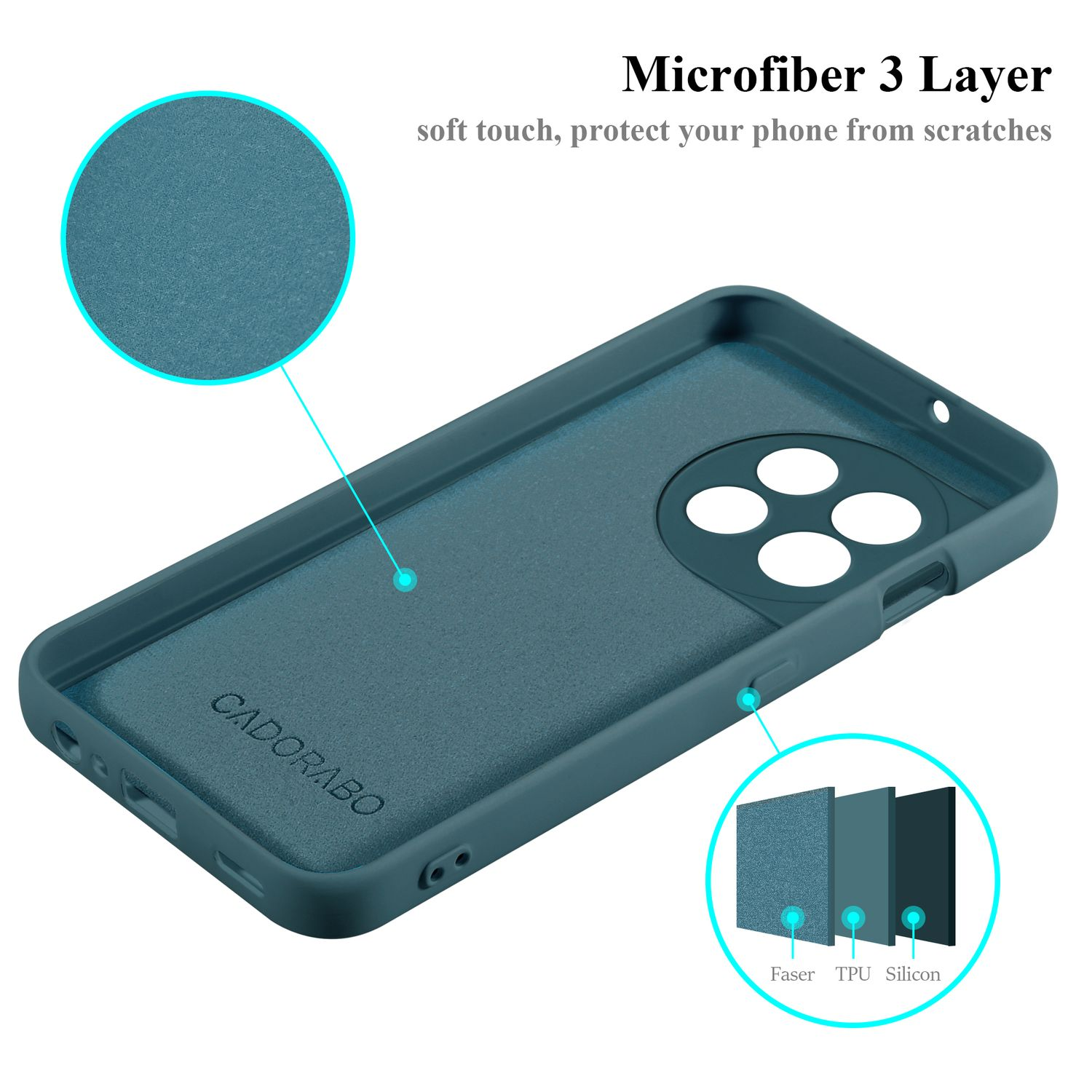 Türkisfarbene Innenseite der Handyhülle. Mikrofaser 3-lagig. Telefonumriss, CADORABO und Schichtdetails sichtbar.