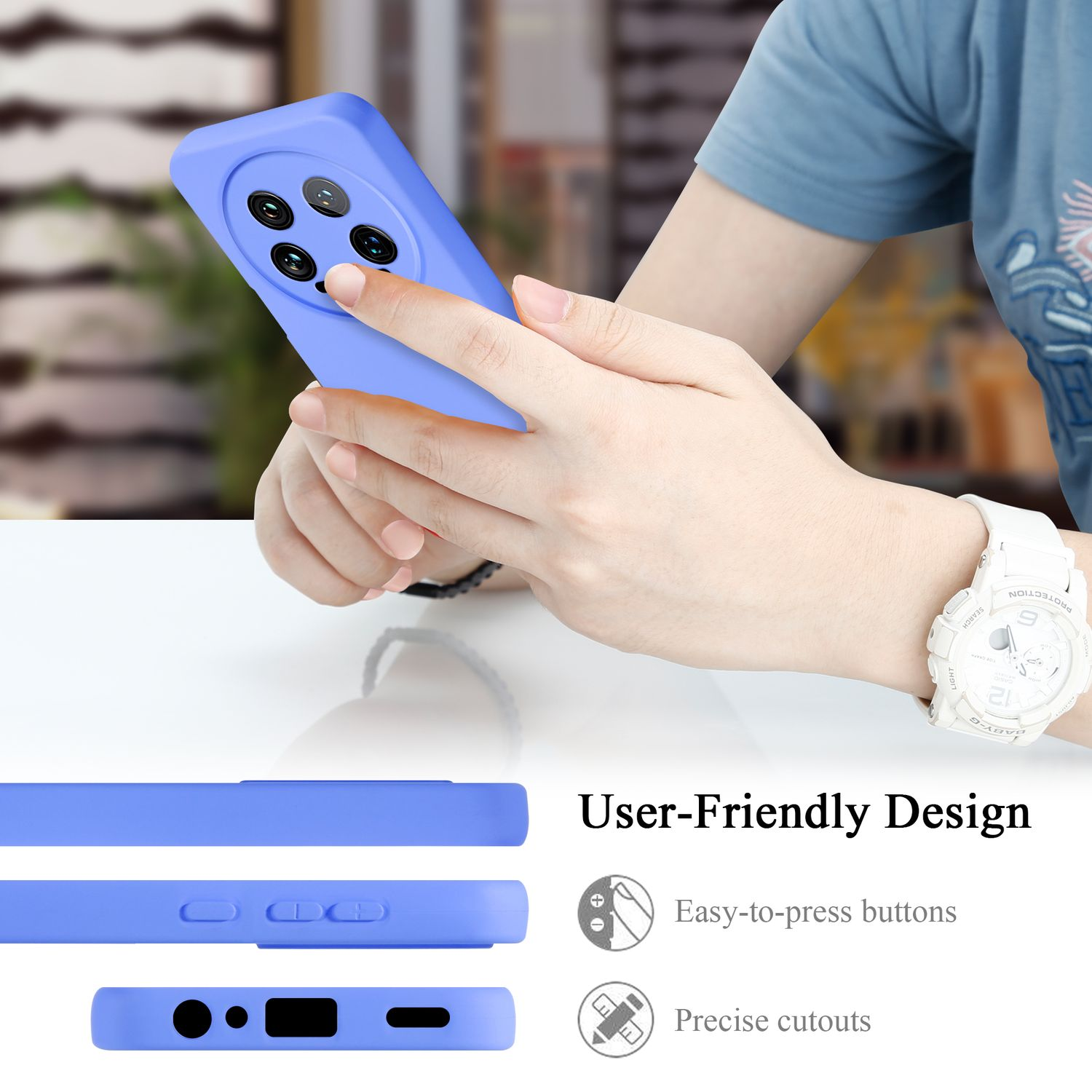 Telefono con custodia viola, design intuitivo e pulsanti facili da premere.