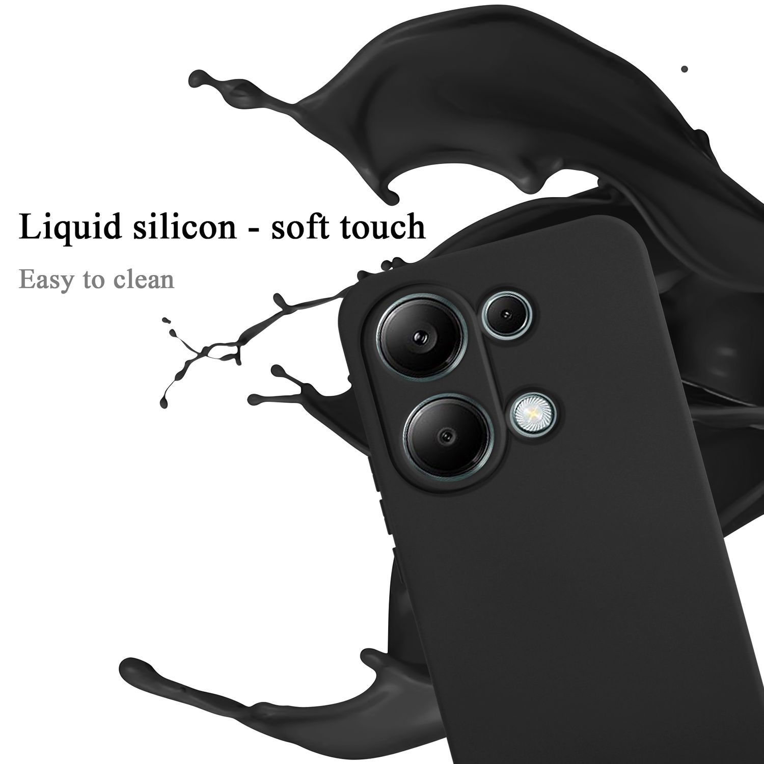 Un telefono nero con schizzo di liquido. Il telefono è su sfondo bianco, testo: Silicone liquido - tocco morbido.