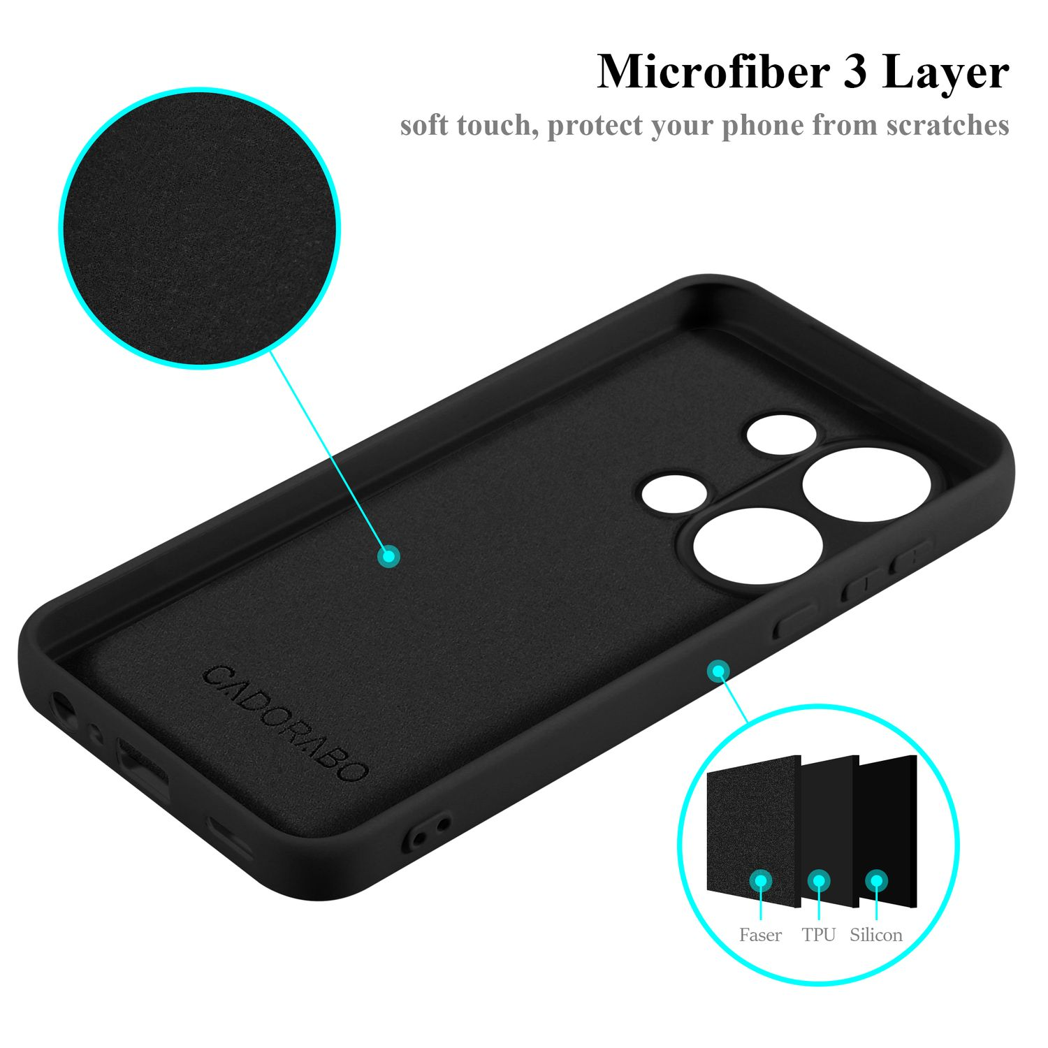Custodia per telefono nera con strati interni. Testo: Microfibra a 3 strati, soft touch, protegge il telefono dai graffi. Diagramma.