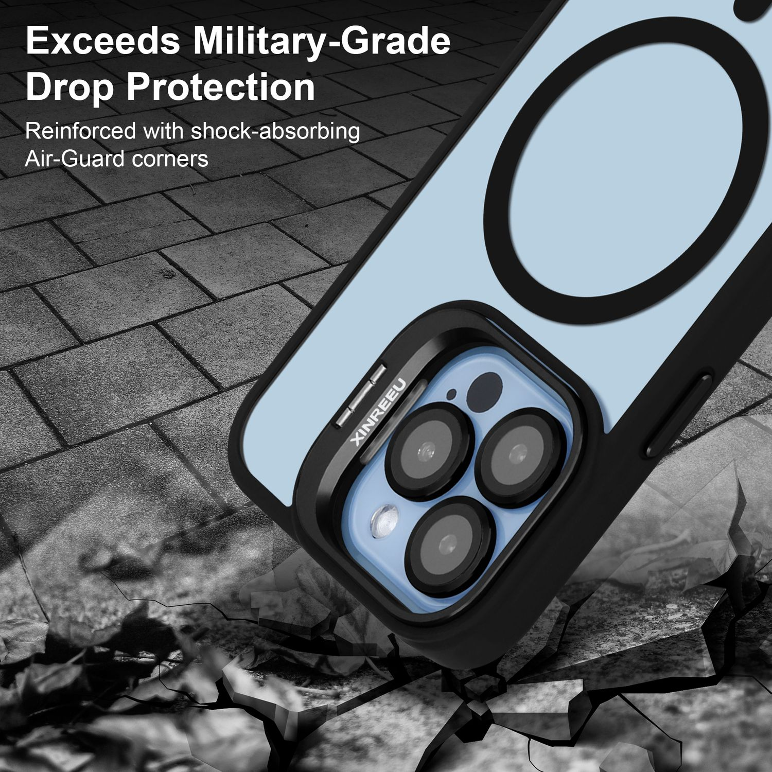 Handyhülle auf rissigem Pflaster, mit Text: Übertrifft militärische Fallschutzklasse. Verstärkt mit stoßdämpfenden Air-Guard-Ecken.