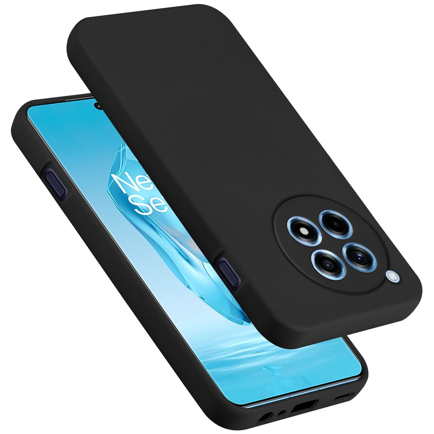 Custodia e telefono neri. La custodia ha ritagli per la fotocamera. Il telefono è sul lato sinistro della custodia.