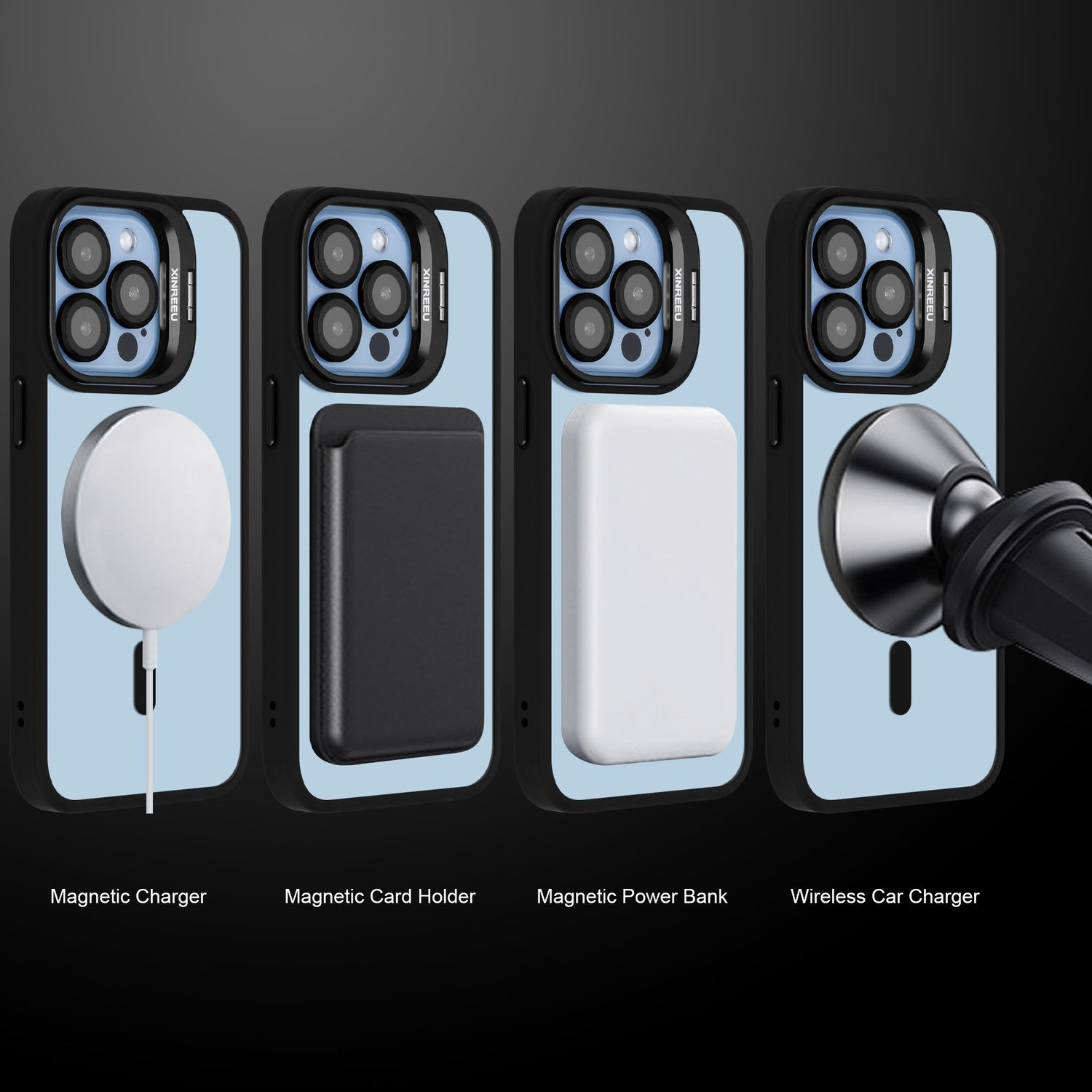 Vier Handyhüllen mit verschiedenen Aufsätzen: magnetisches Ladegerät, Kartenhalter, Powerbank und Autoladegerät.