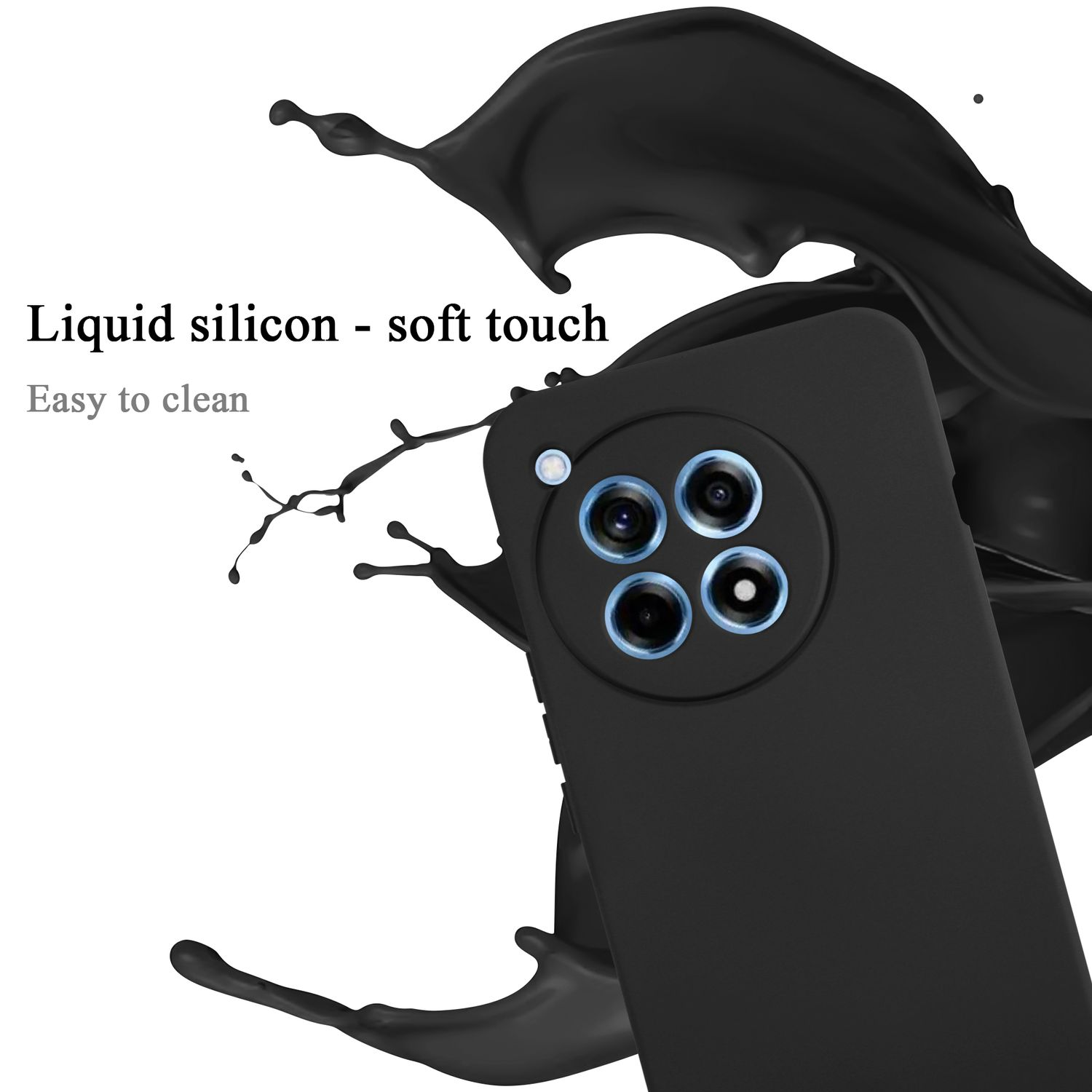 Custodia nera con effetto silicone liquido. Dettagli della fotocamera del telefono visibili.