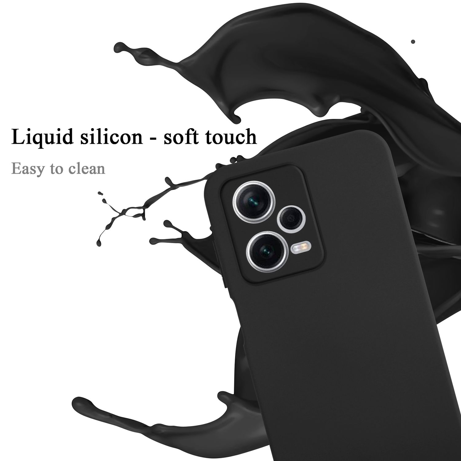 Schwarze Handyhülle, Spritzer, Flüssigsilikon, Soft-Touch.