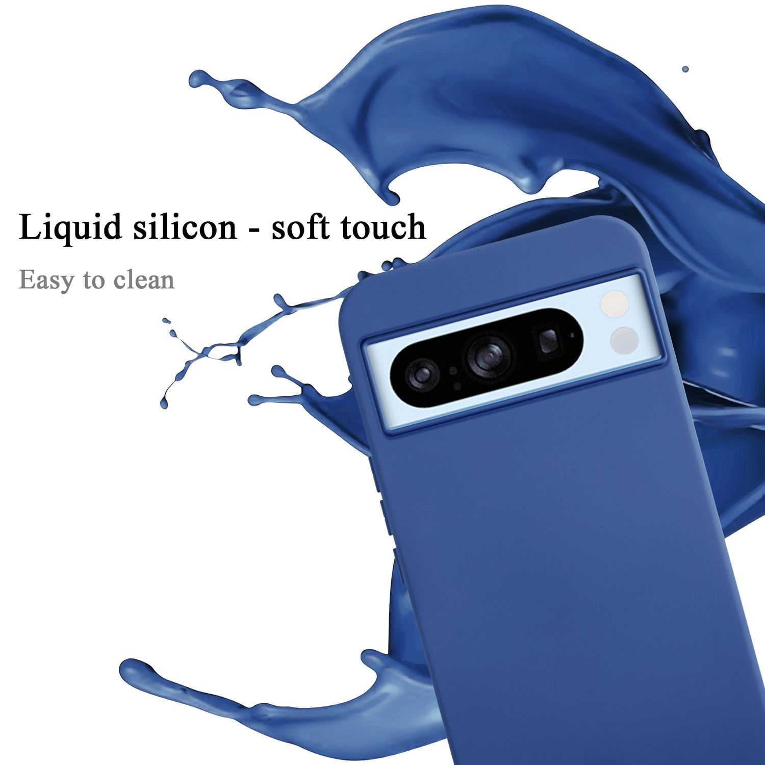 Custodia per telefono blu con un'esplosione di liquido blu.
