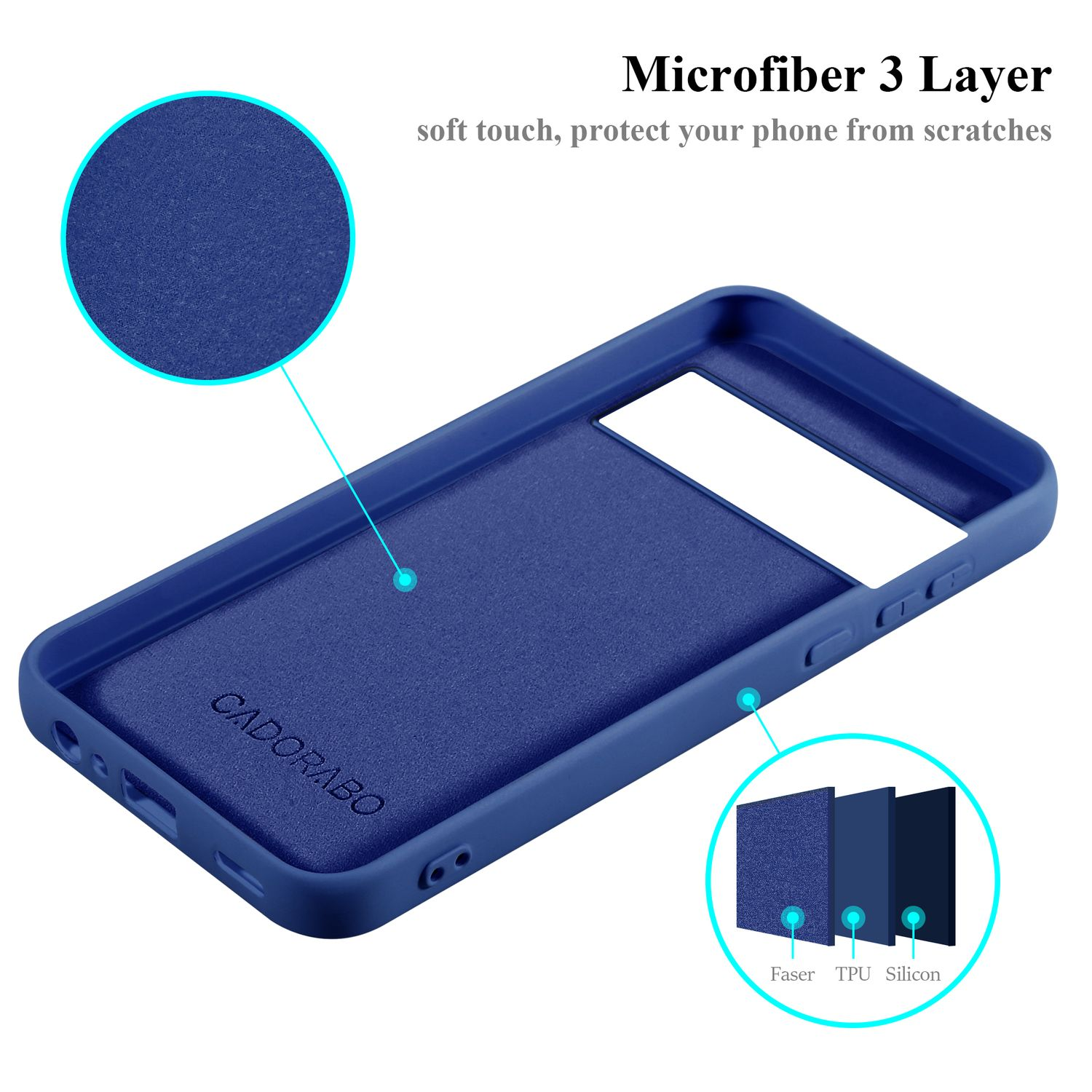 Una custodia per telefono blu con interno blu. Un cerchio ingrandito mostra la trama della custodia. Grafici informativi.