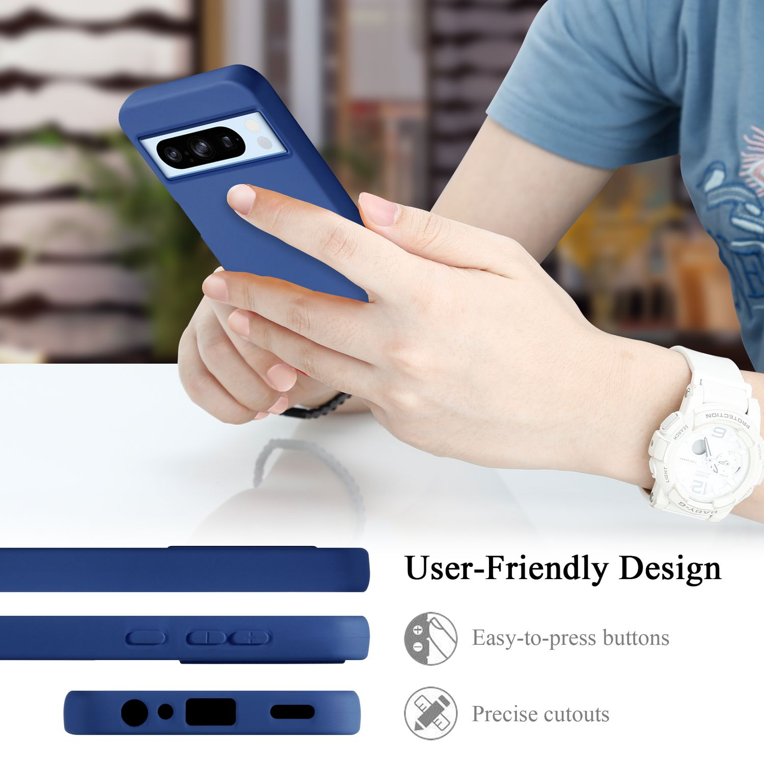 Telefono con custodia blu, design intuitivo e pulsanti facili da premere.