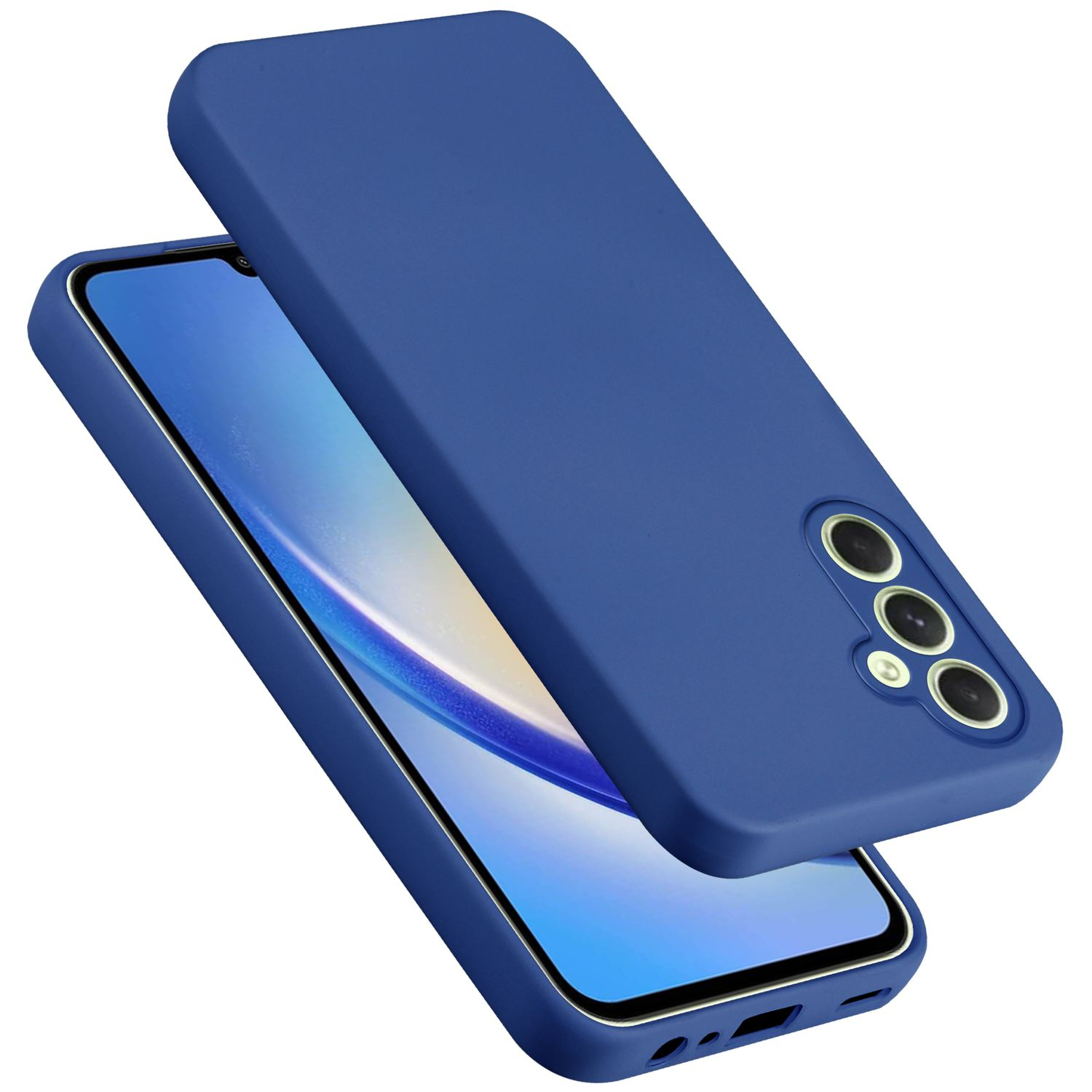 Eine blaue Handyhülle mit einem Telefon darin. Das Telefon ist blau und hat eine Hülle.