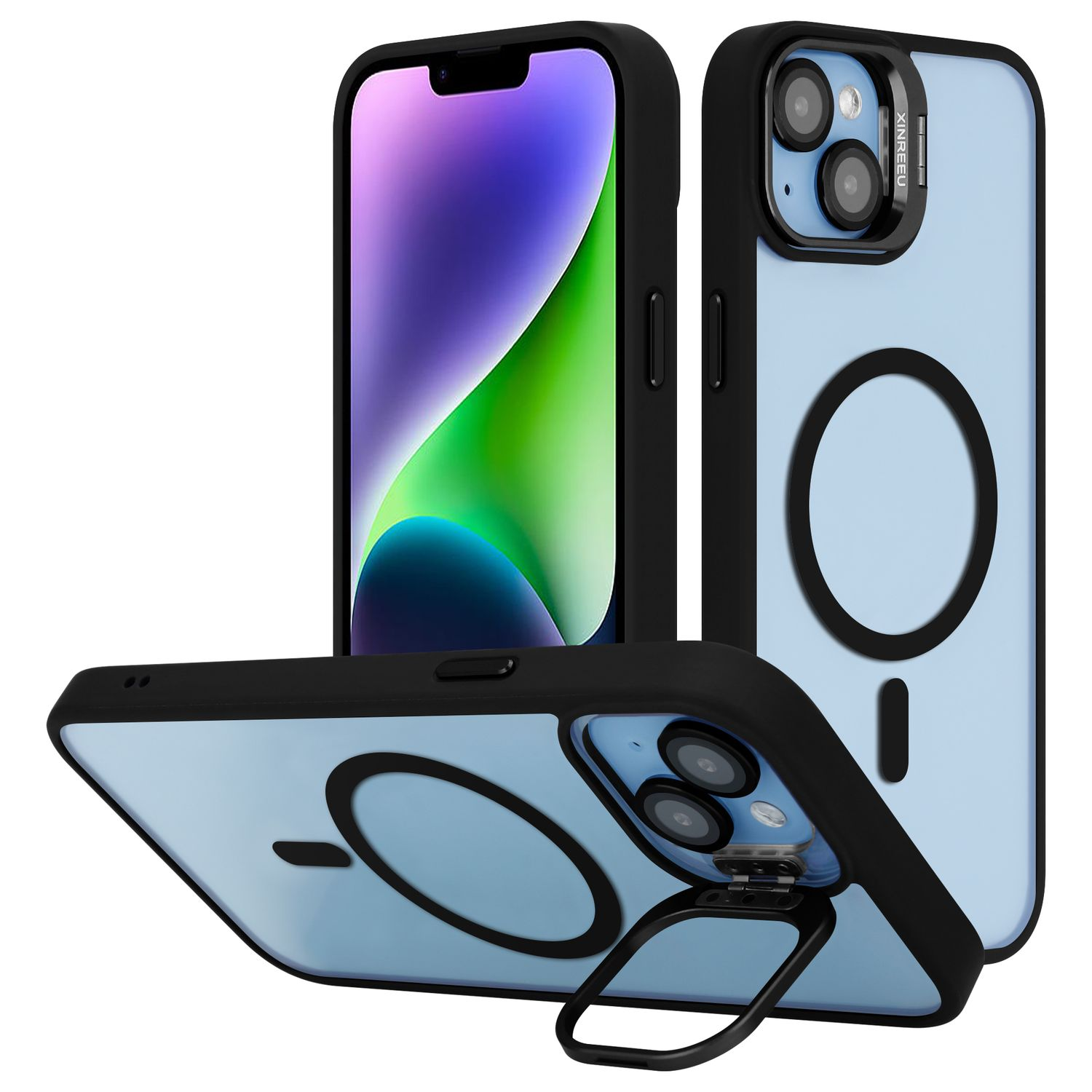 Drei schwarze Handyhüllen, eine auf einem Telefon und eine mit Ständer.