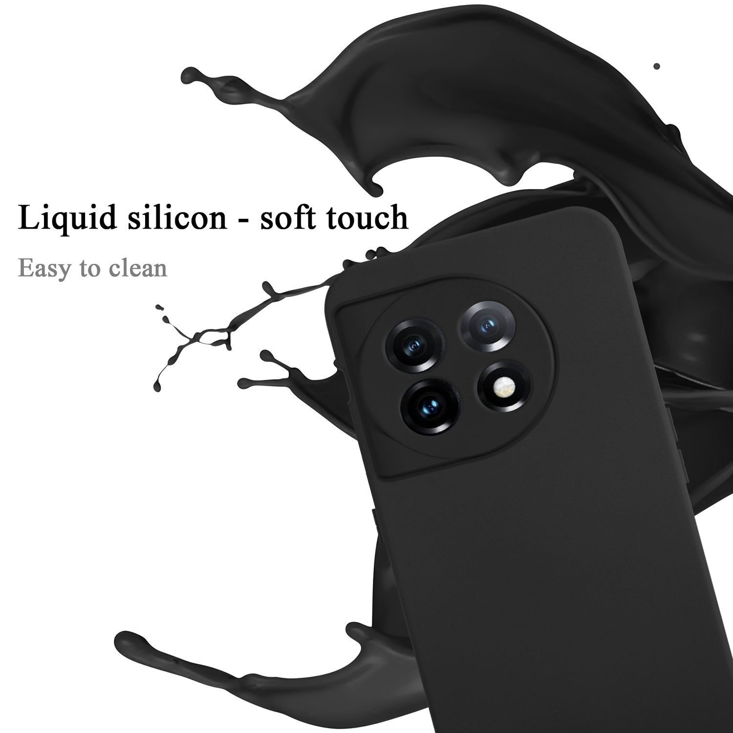Schwarze Handyhülle mit Flüssigkeitsspritzer. Rückseite des Telefons.