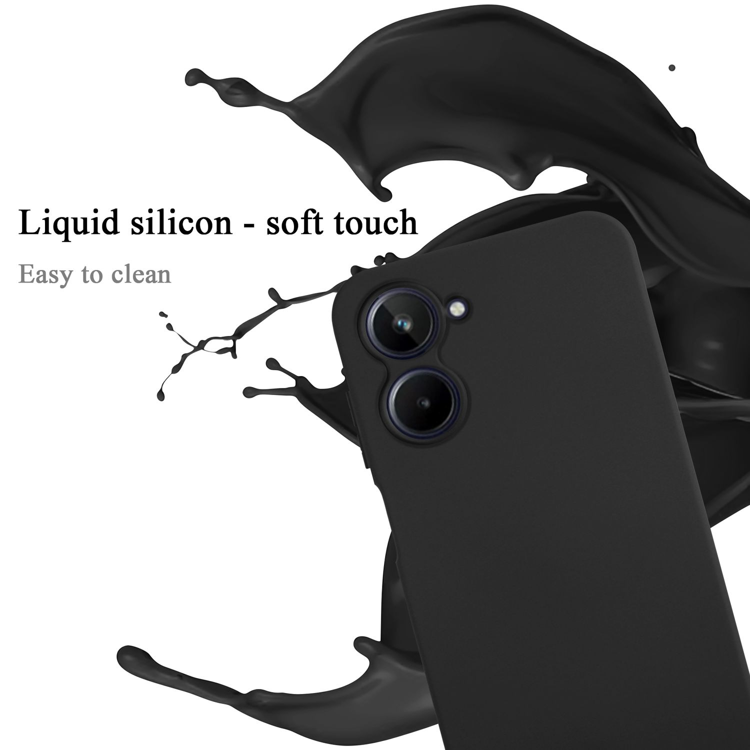 Custodia nera per telefono con spruzzi di liquido. La fotocamera del telefono è visibile.