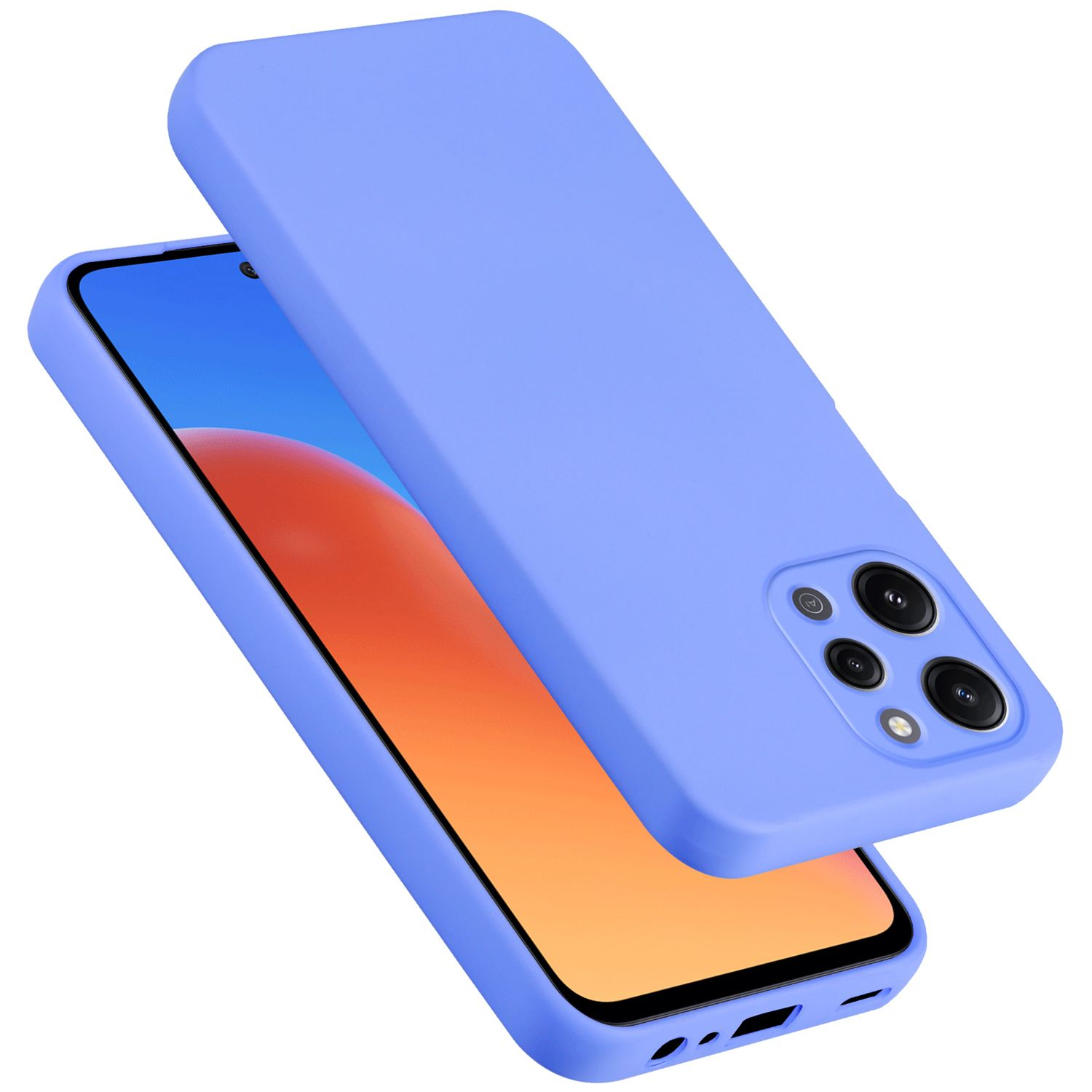 Telefono blu con custodia blu sopra. Il telefono ha una fotocamera.
