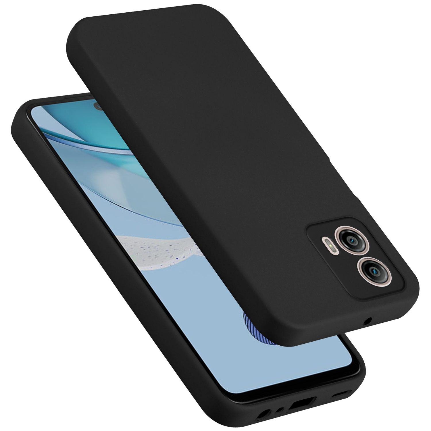 Schwarze Handyhülle mit einem Telefon darin. Das Telefon hat eine Kamera und ist vorne.
