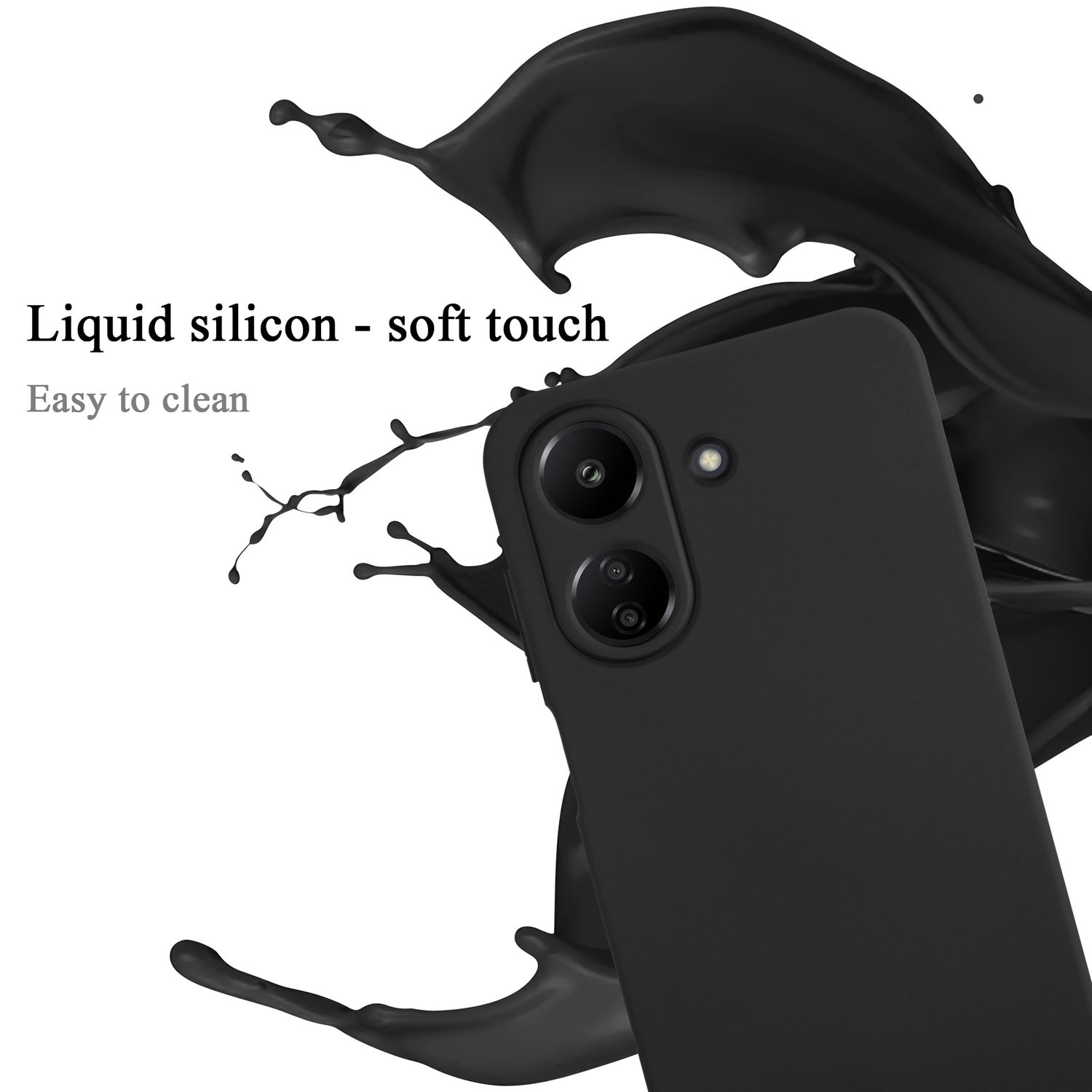 Custodia per telefono nera con un primo piano della fotocamera e un'esplosione di liquido nero.