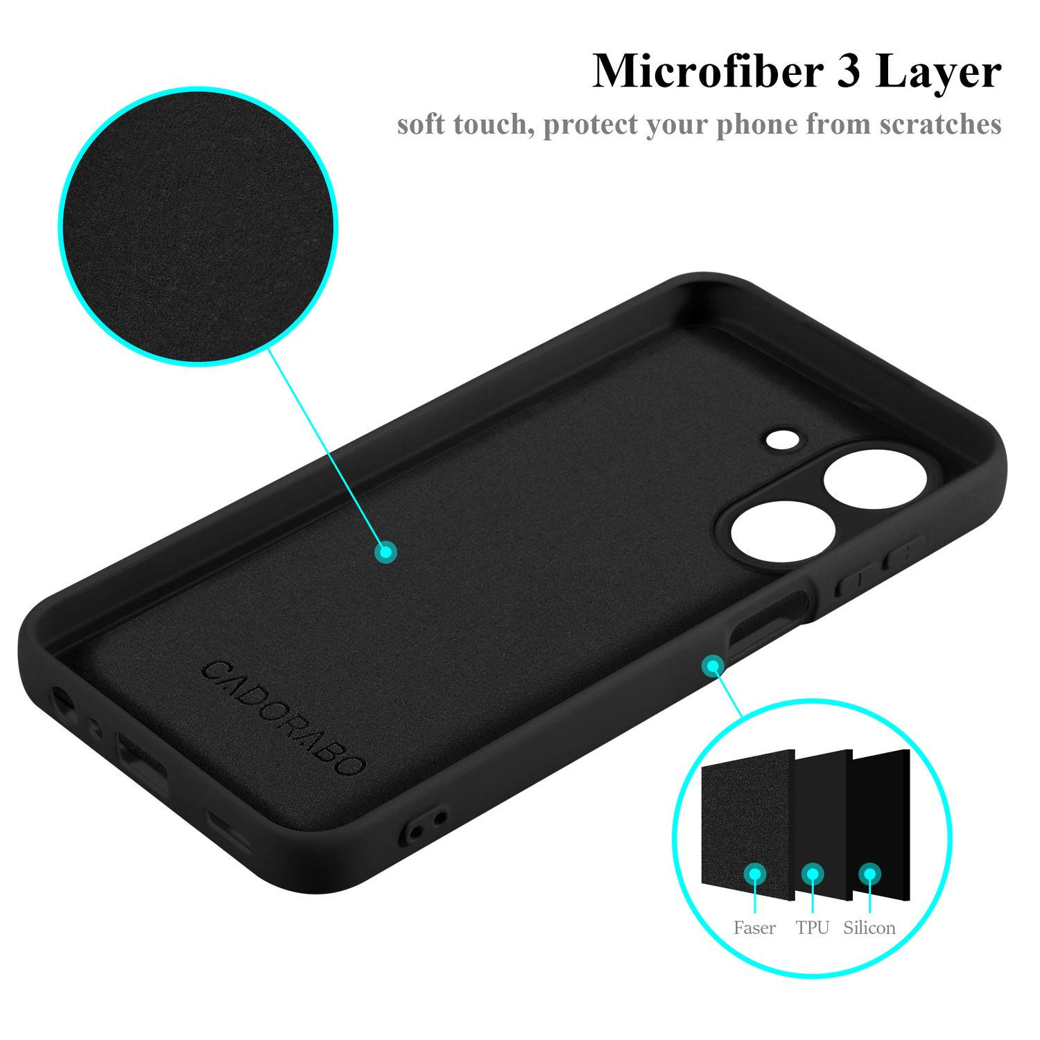 Interno di una custodia nera per telefono, con fodera in microfibra nera. Testo: Microfibra 3 strati. Tocco morbido, proteggi il tuo telefono.