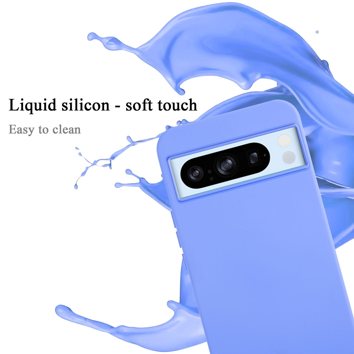Custodia viola con schizzo di vernice e testo: Silicone liquido - tocco morbido.