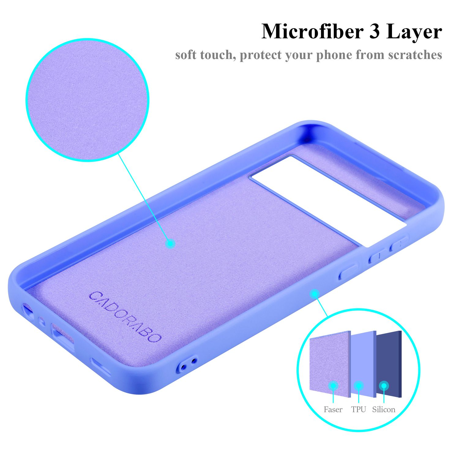 Una custodia per telefono blu con interno lavanda. La custodia è aperta, con strati di protezione.