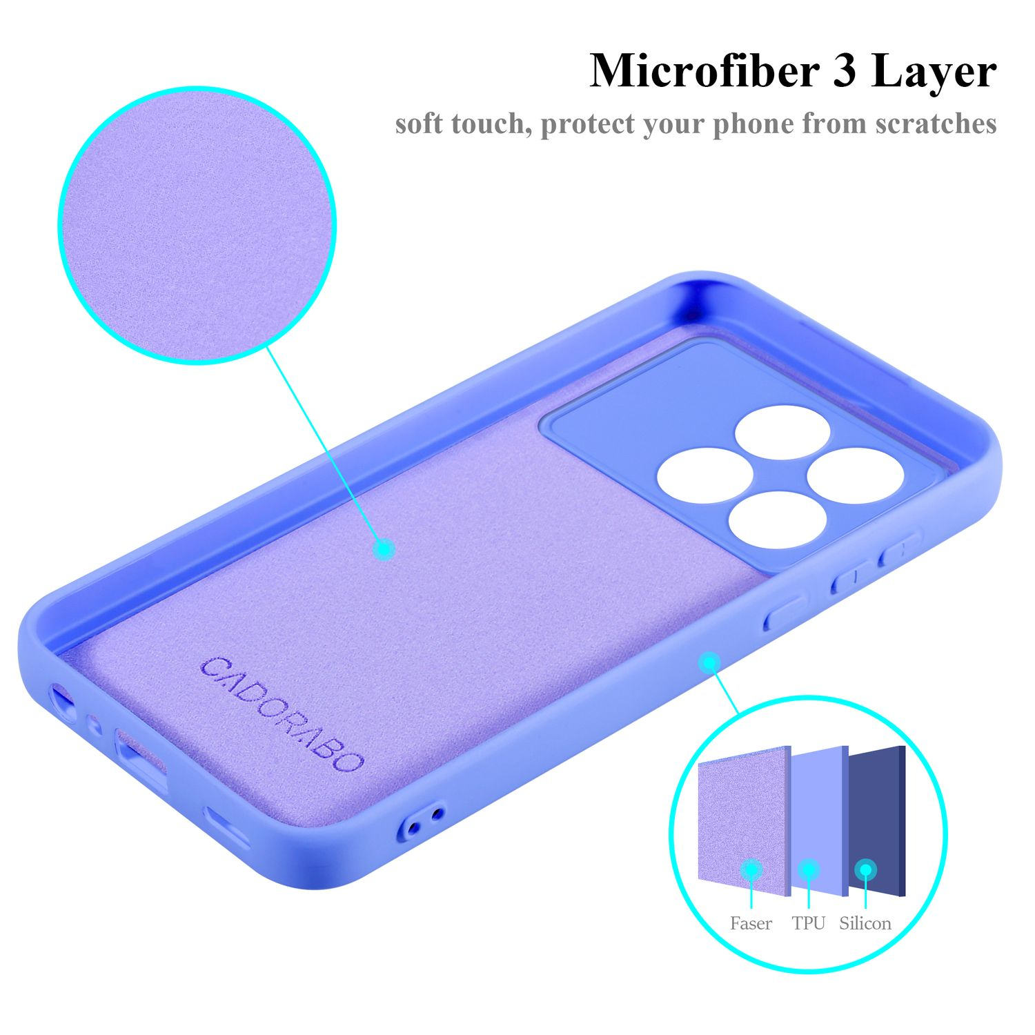 Custodia blu per telefono con interno lilla chiaro e dettaglio strato in microfibra viola.