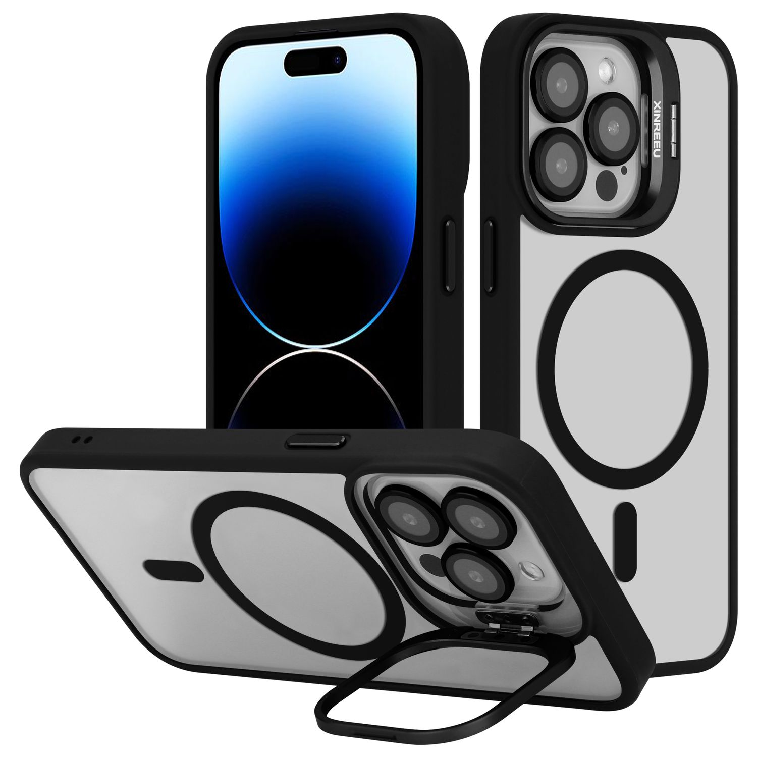 Schwarze und transparente Handyhüllen. Das Telefon im Inneren hat eine Kamera und einen Bildschirm. Die Hüllen sind für das iPhone.