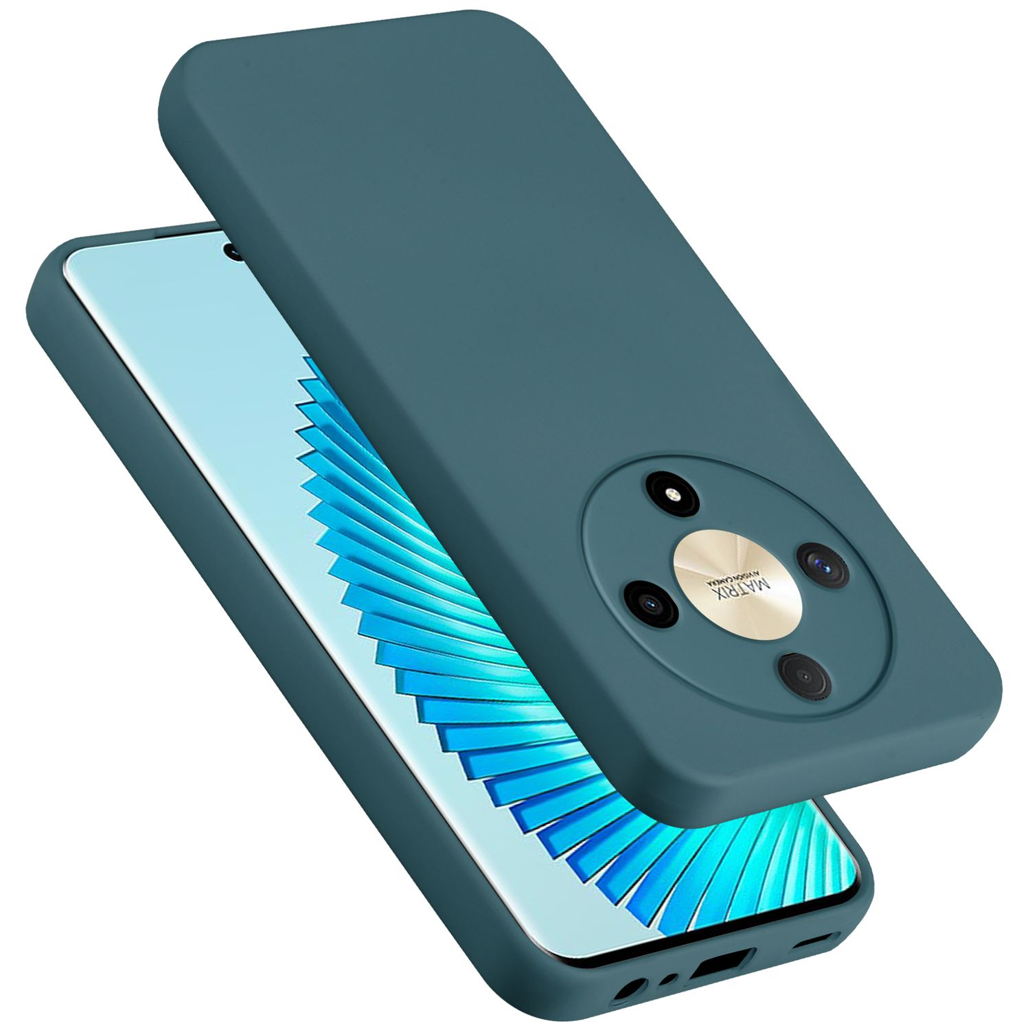 Custodia per telefono verde acqua scuro, due parti. Una copre lo schermo, l'altra il retro. Ritagli presenti.