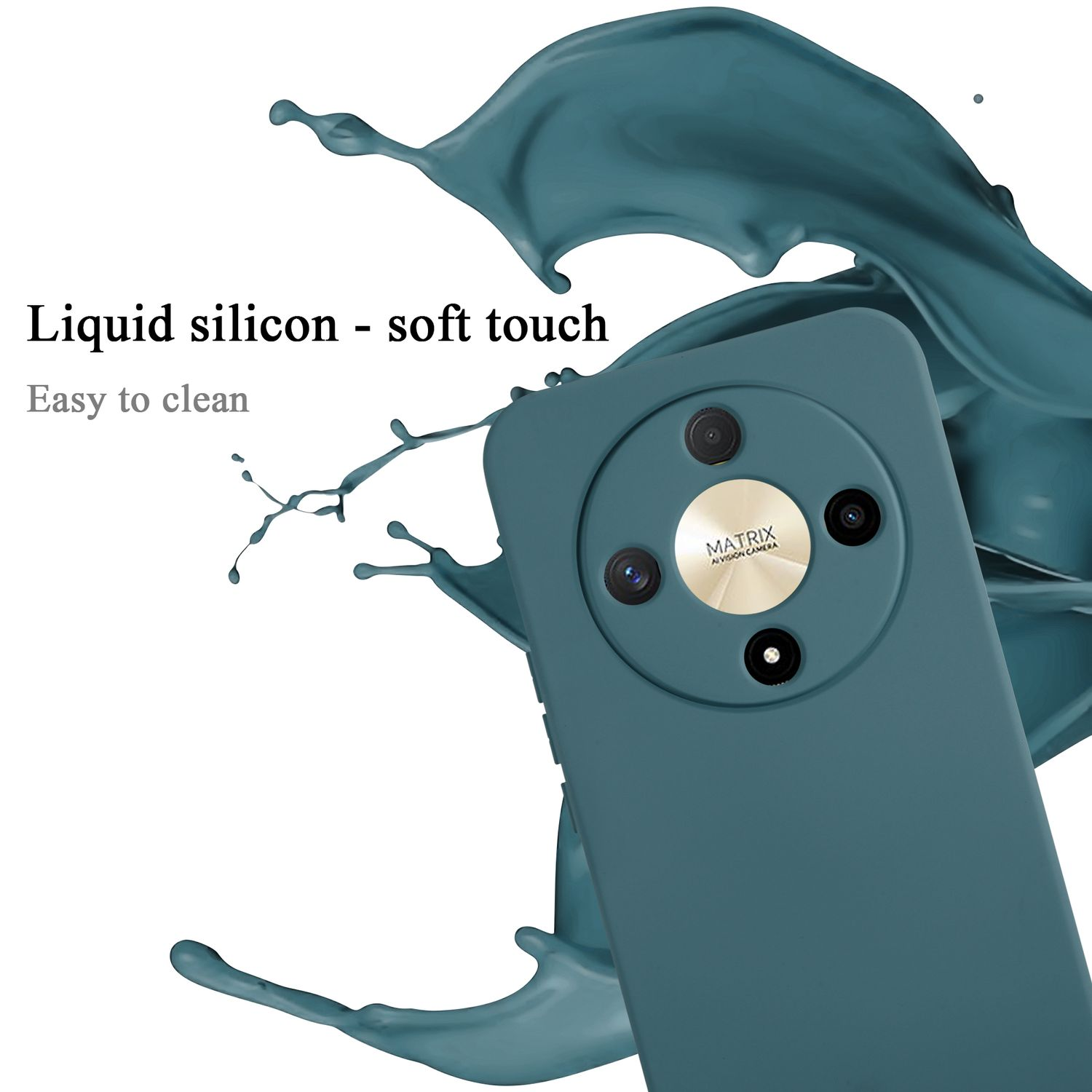 Custodia verde acqua per telefono con telefono dentro, schizzo di liquido.