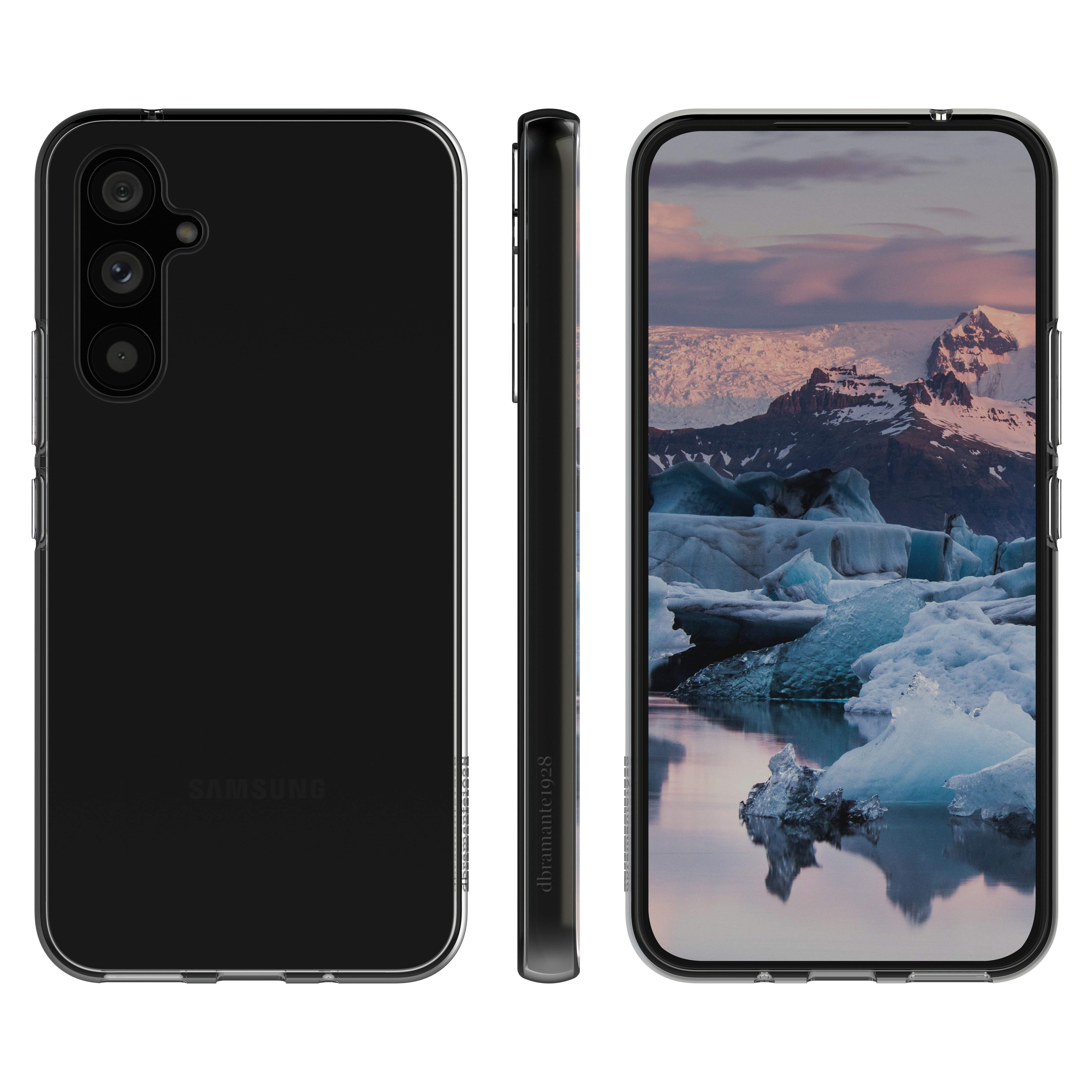 Tre viste di un telefono Samsung nero. Lo schermo mostra un paesaggio di neve e ghiaccio.