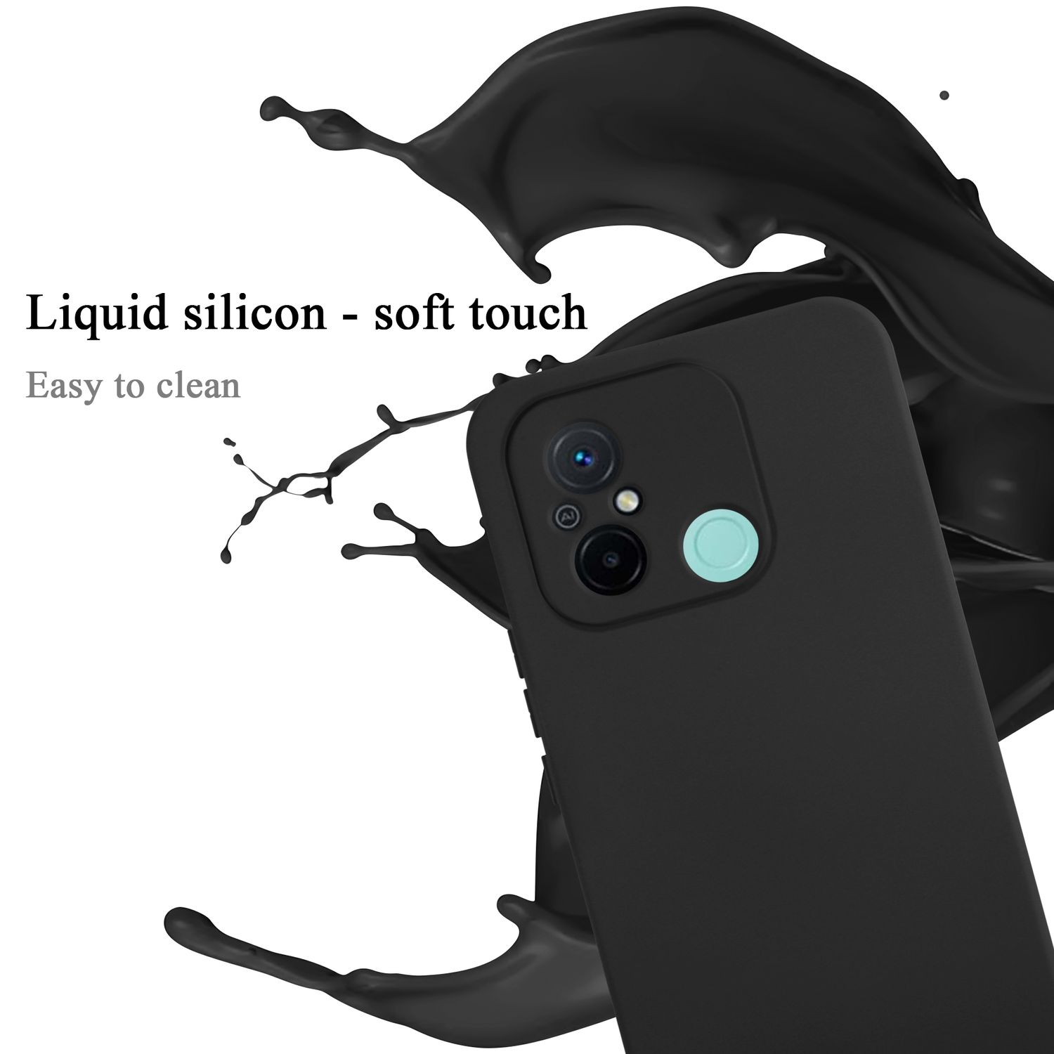 Una custodia nera per telefono con uno schizzo di liquido nero. La custodia ha una fotocamera e un cerchio verde chiaro.