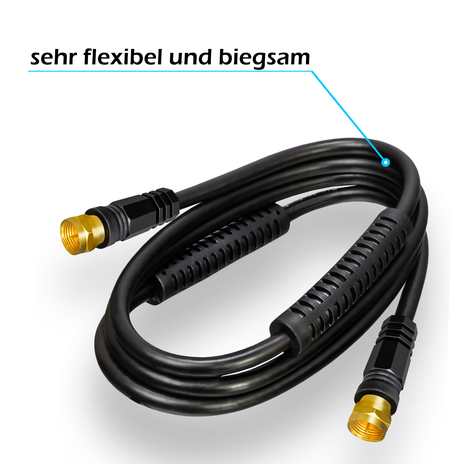 Schwarzes Kabel mit goldfarbenen Steckern. Text: sehr flexibel und biegsam. Weißer Hintergrund.