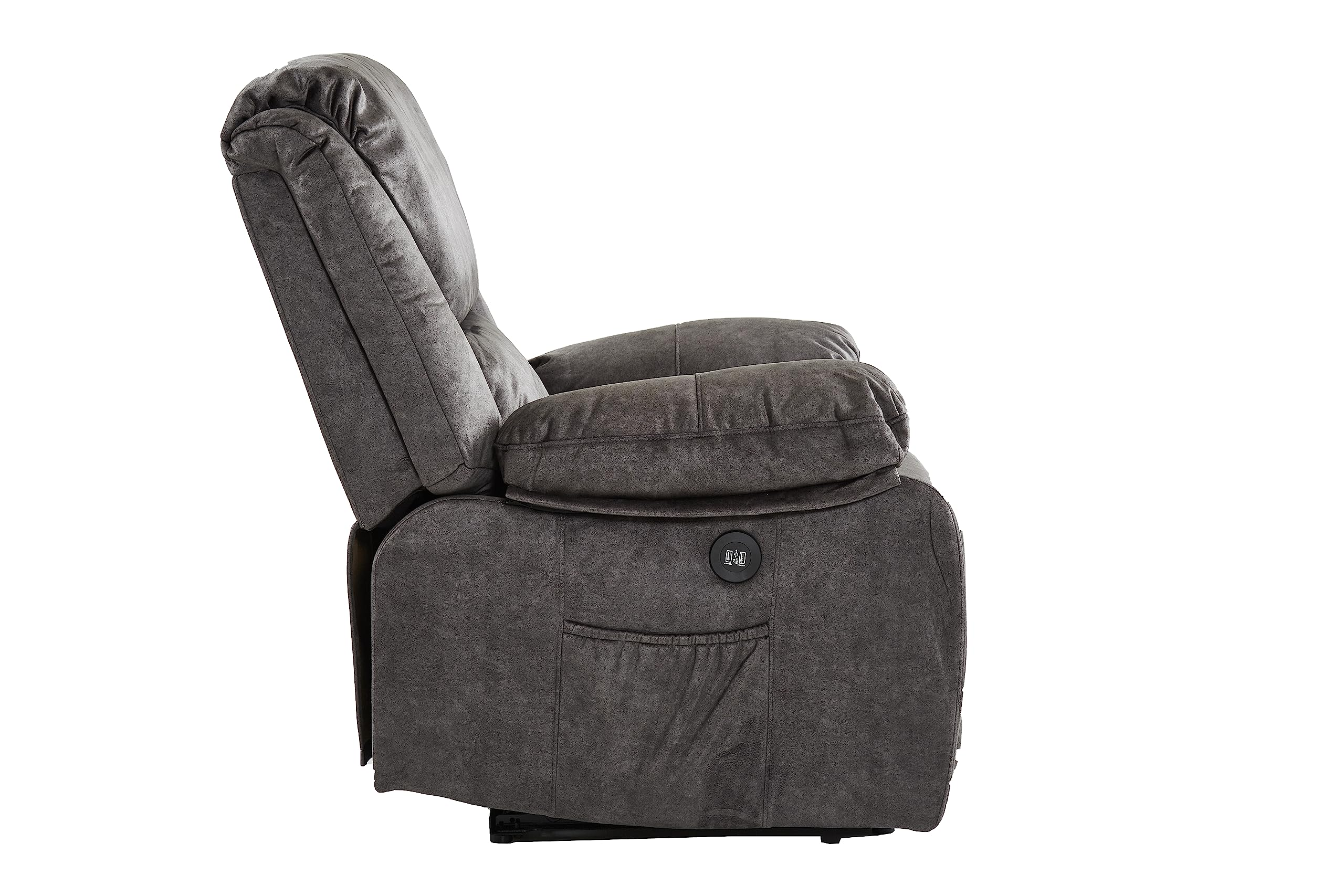 Sillón reclinable gris en vista de perfil, con reposapiés extendido y panel de control.