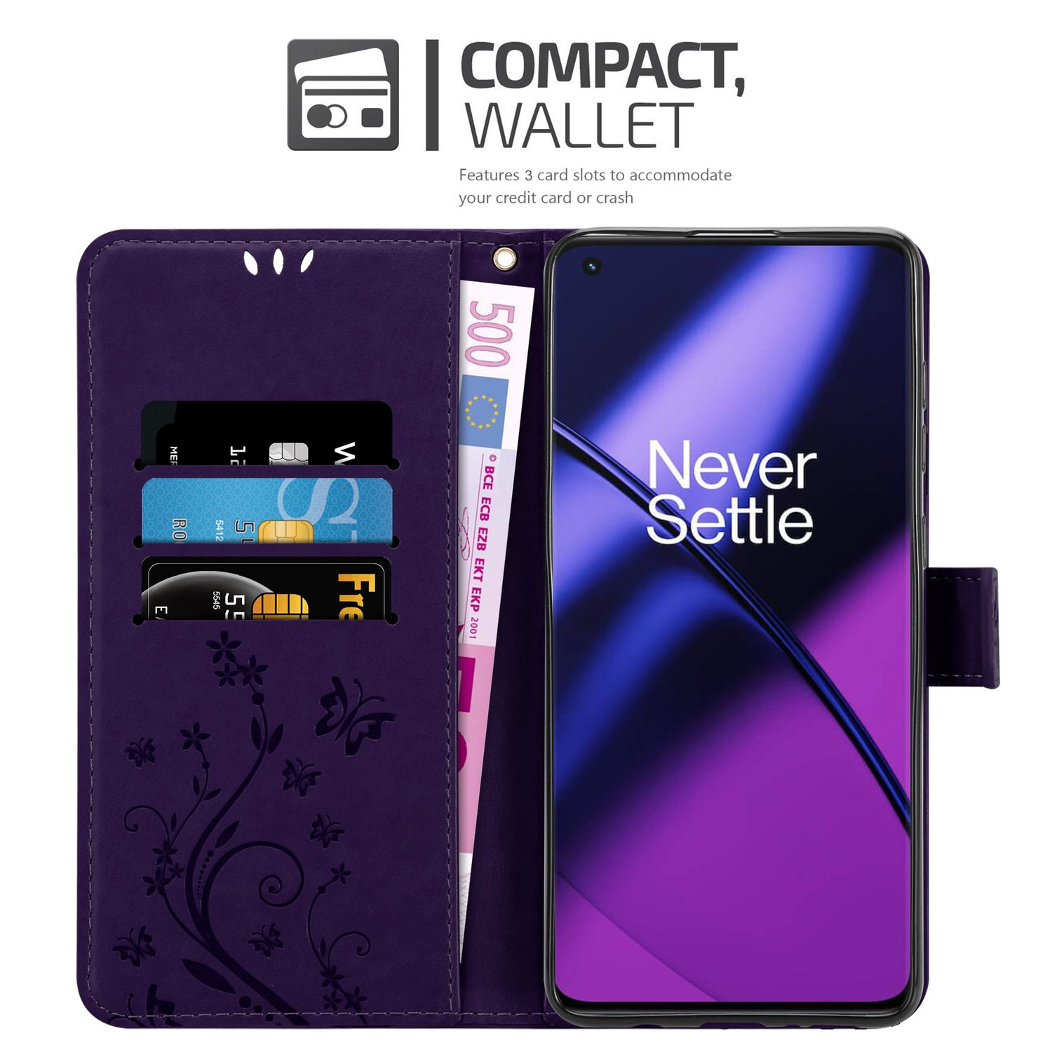 Custodia per telefono viola aperta, carte e denaro all'interno, con un telefono che mostra testo.