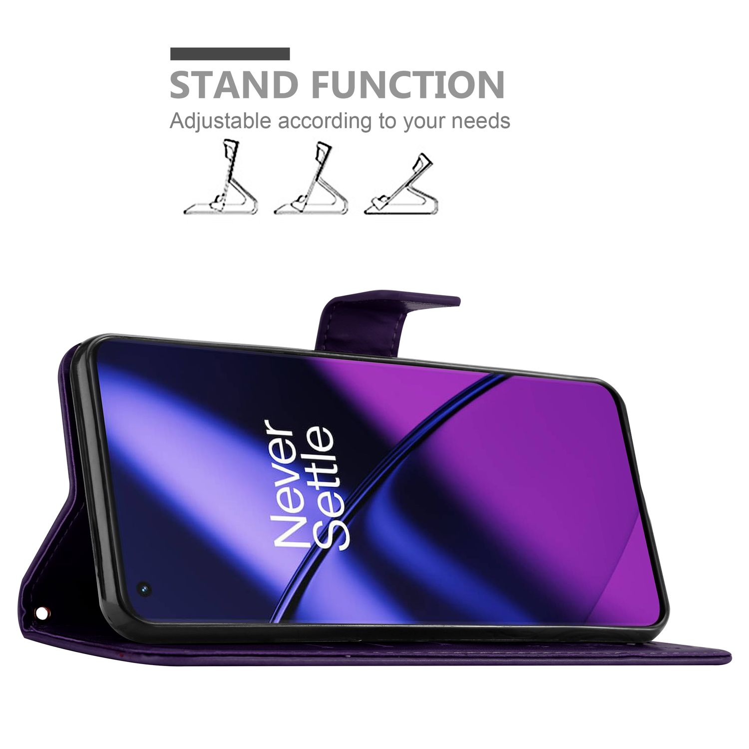 Custodia per telefono viola con funzione supporto. Un telefono è all'interno, che mostra uno schermo viola.