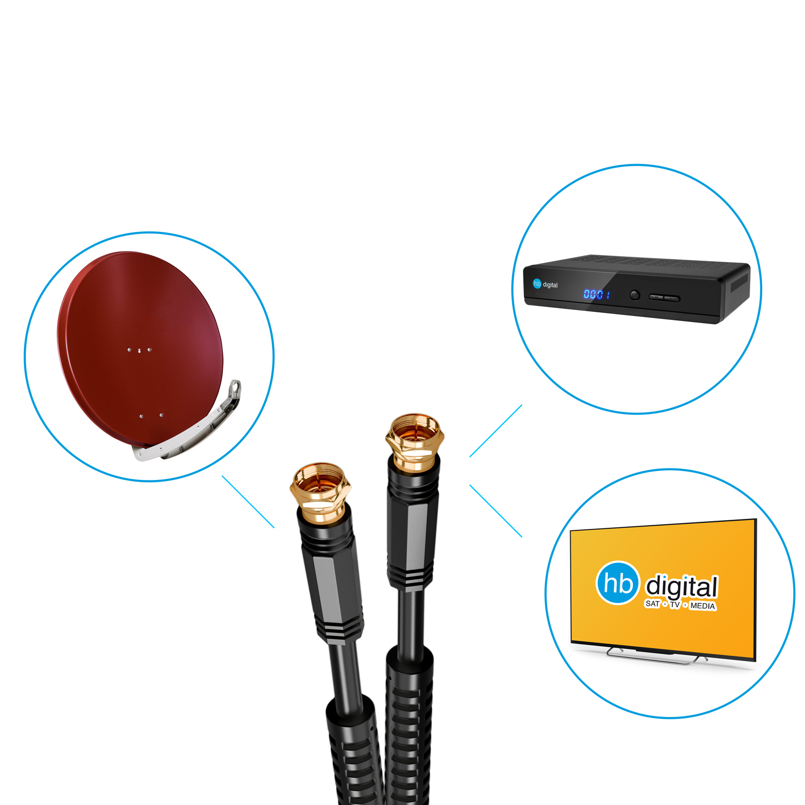 Zwei Koaxialkabel, Satellitenschüssel, Set-Top-Box und Fernsehbildschirm.