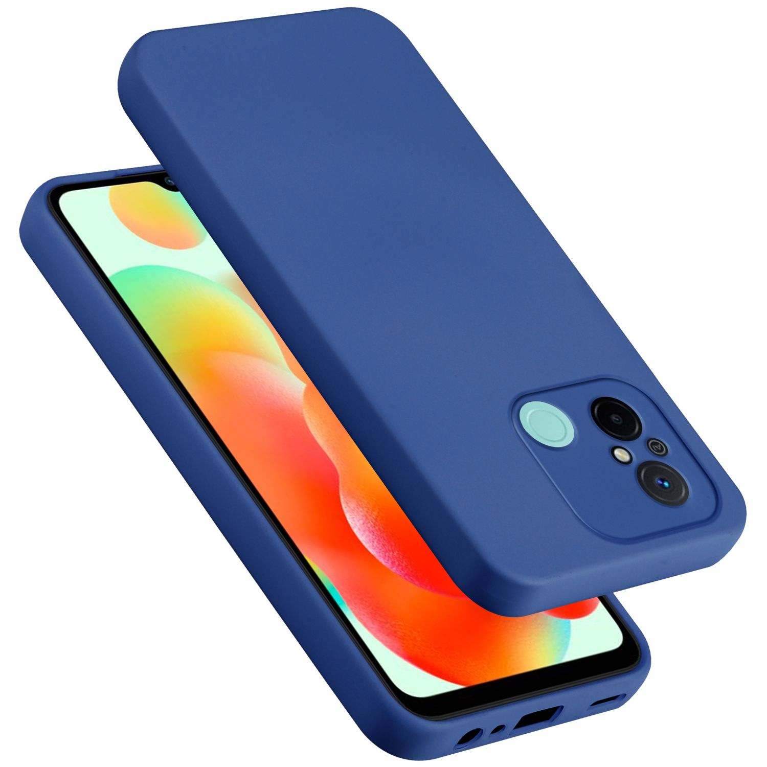Custodia blu per telefono con un telefono dentro. Il telefono ha una fotocamera.
