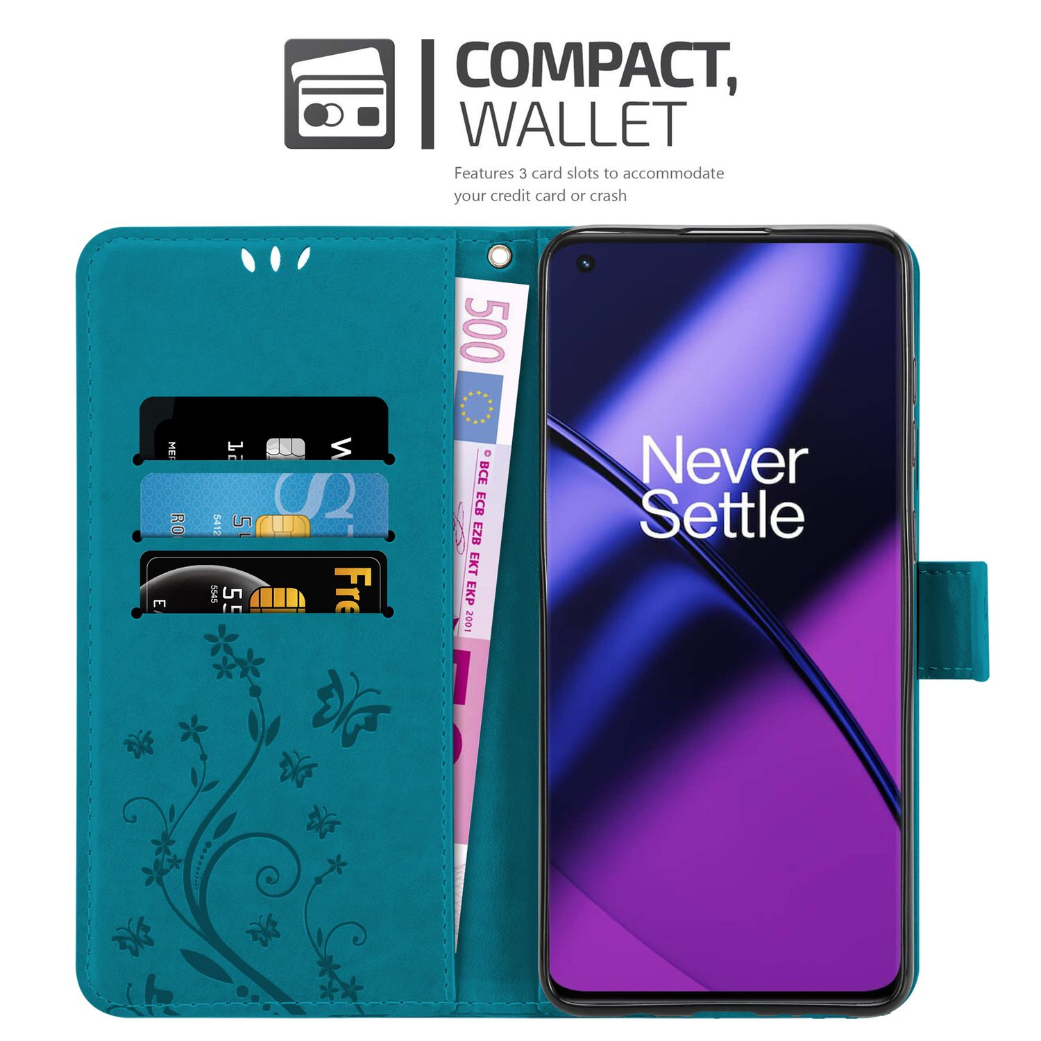 Una custodia per telefono con slot per carte e un telefono con schermo colorato. Custodia verde acqua con telefono viola scuro.