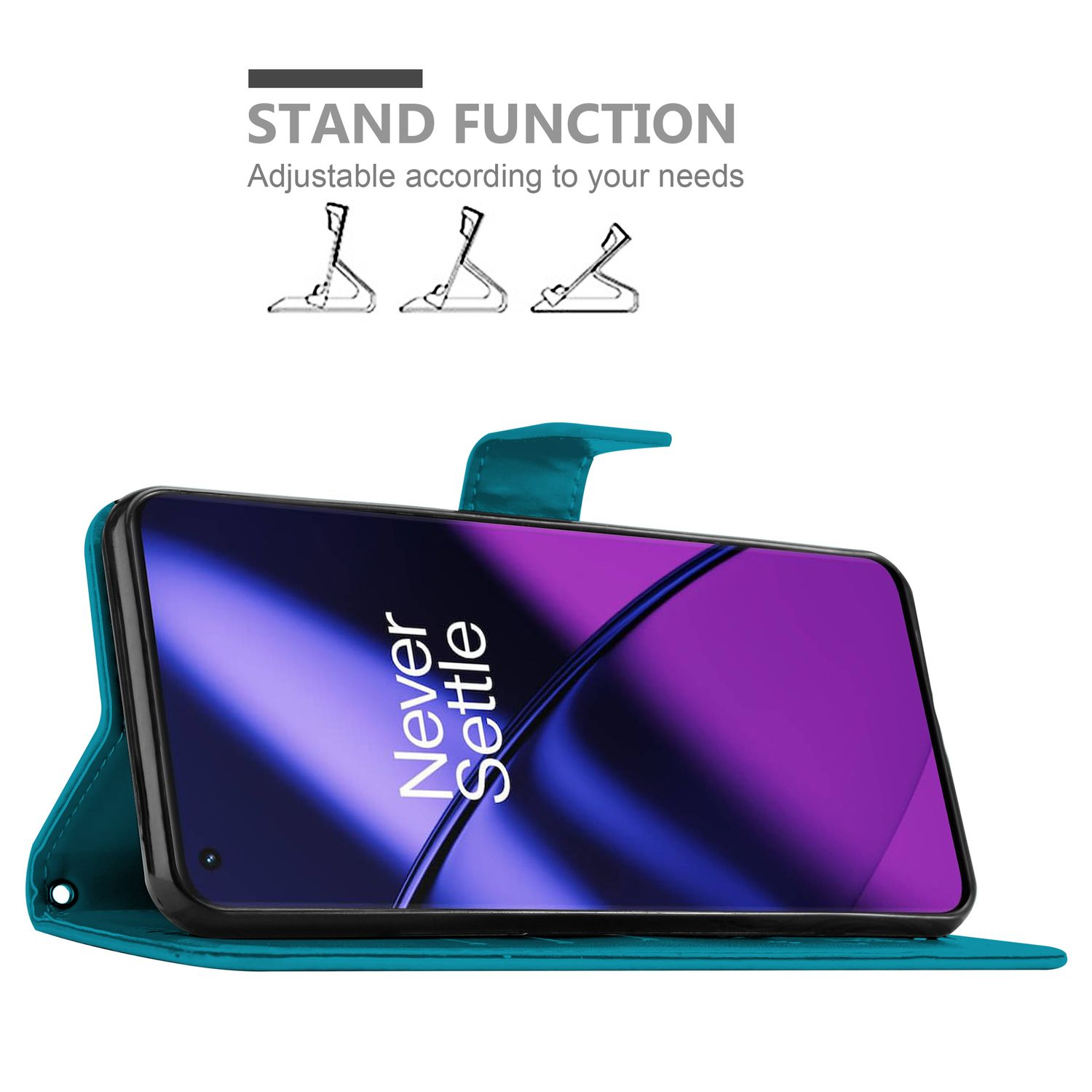 Un portafoglio per telefono color verde acqua in posizione aperta che mostra il telefono.
