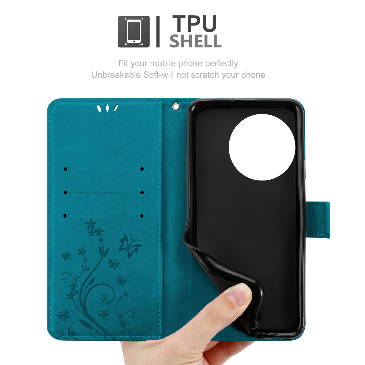 Custodia del telefono turchese aperta, che mostra il telefono. Ci sono disegni floreali sulla custodia.