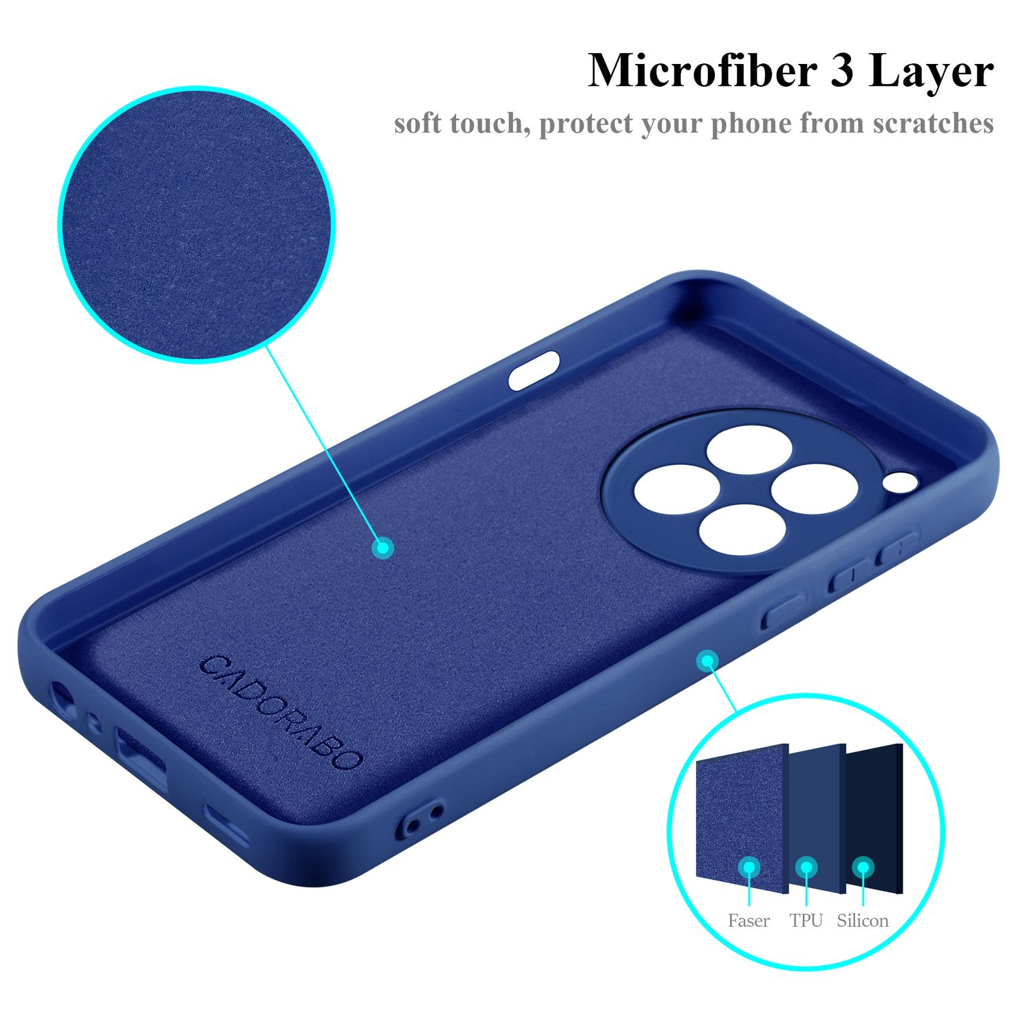 Interno della custodia blu per telefono con logo Cadorabo, primo piano del materiale e testo.