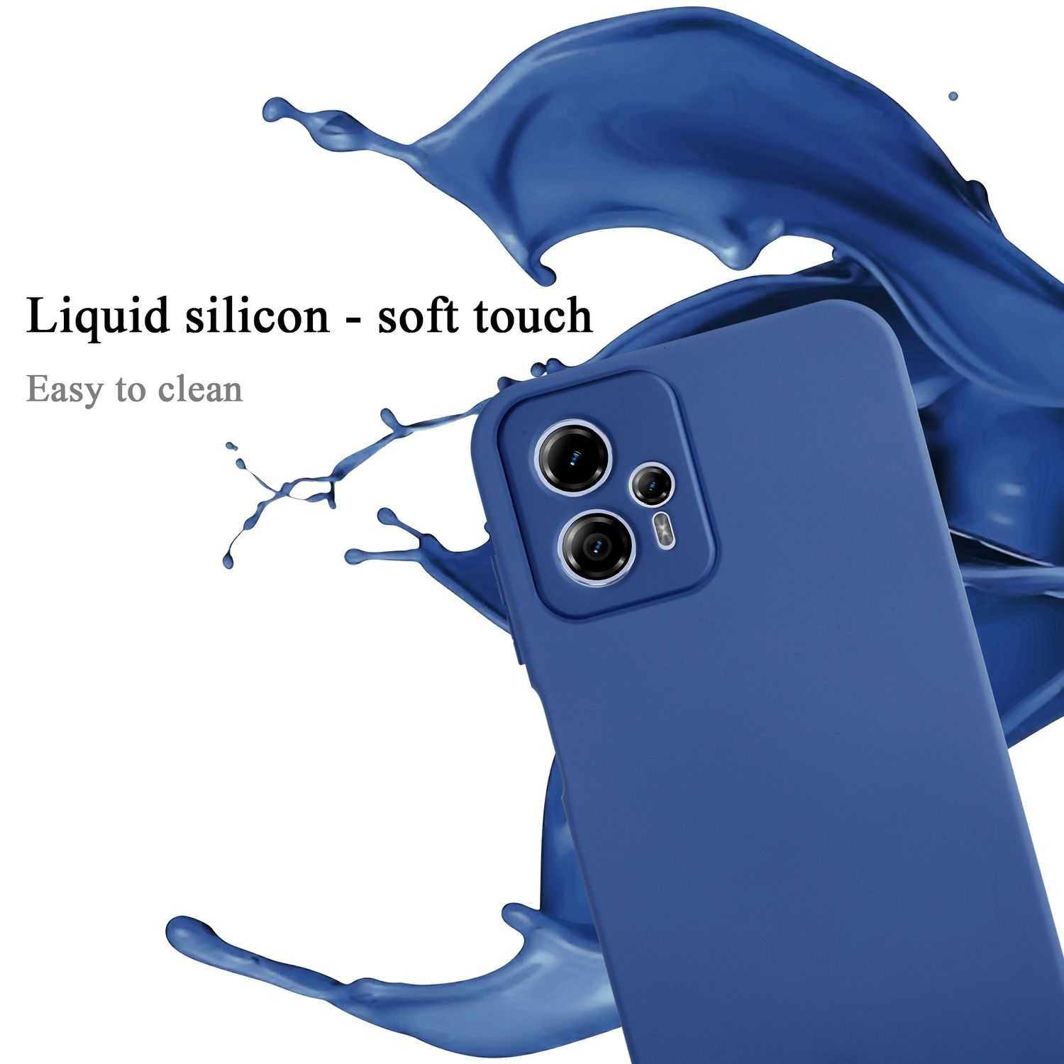 Una custodia blu scuro per telefono con configurazione a doppia fotocamera su sfondo di schizzi blu.