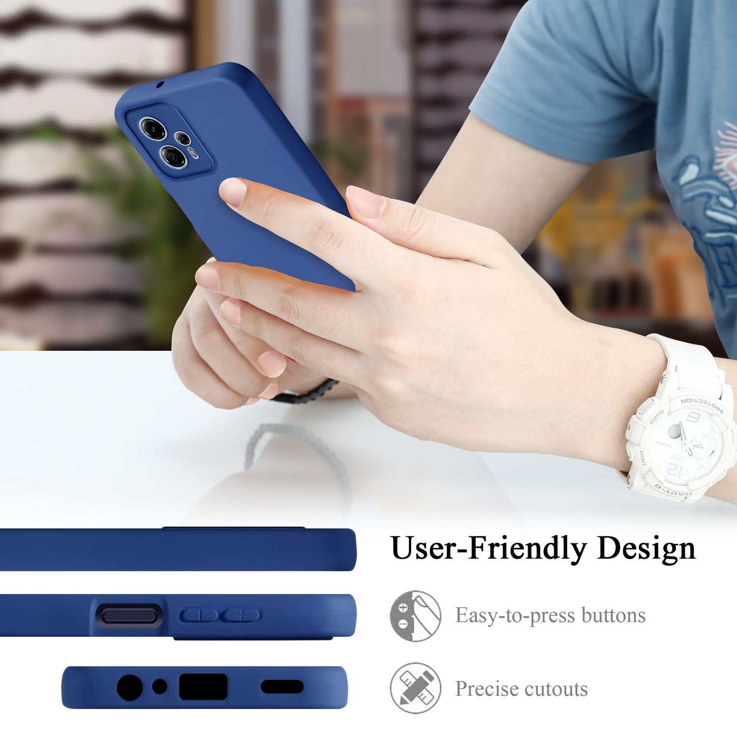 Una persona tiene in mano un telefono blu. Sono visibili i dettagli dei pulsanti del telefono. Il testo dice 'User-Friendly Design'.