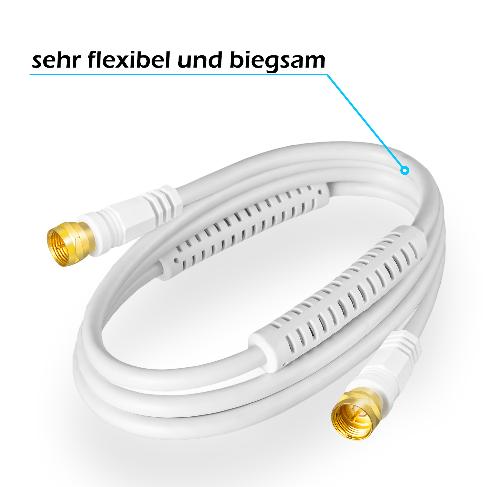 Ein weißes Kabel mit goldenen Steckern, beschriftet mit 'sehr flexibel und biegsam'.