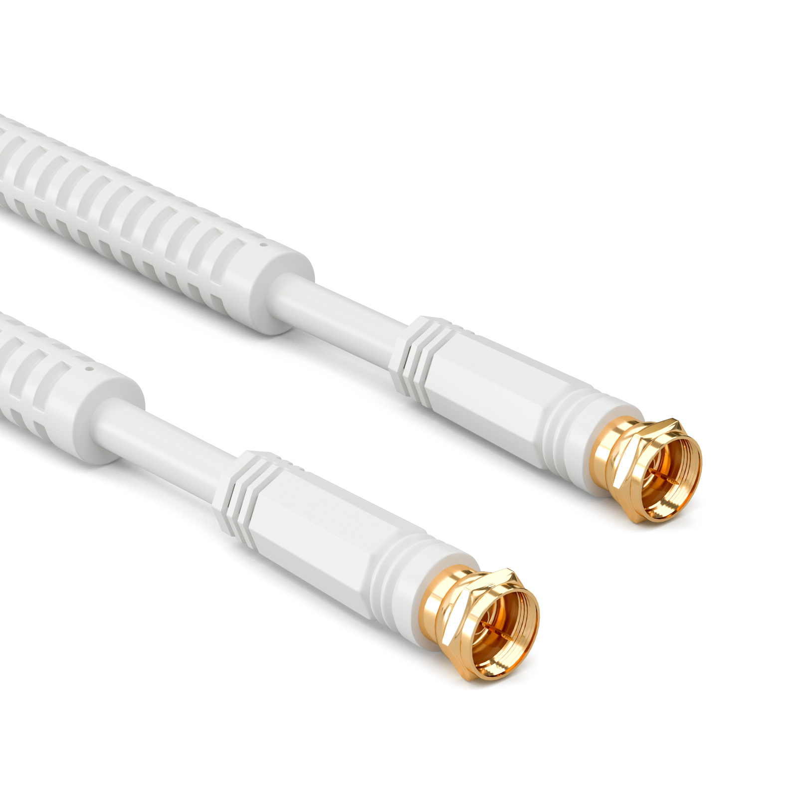 Zwei weiße Koaxialkabel mit goldenen Steckern.