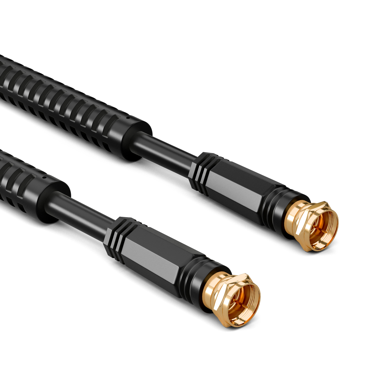 Zwei schwarze Koaxialkabel mit goldenen Anschlüssen liegen diagonal.