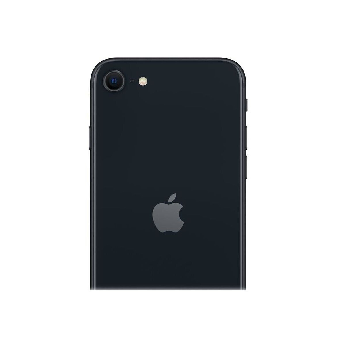 Schwarzes iPhone SE. Rückseite des Telefons mit Apple-Logo und Kameralinse.