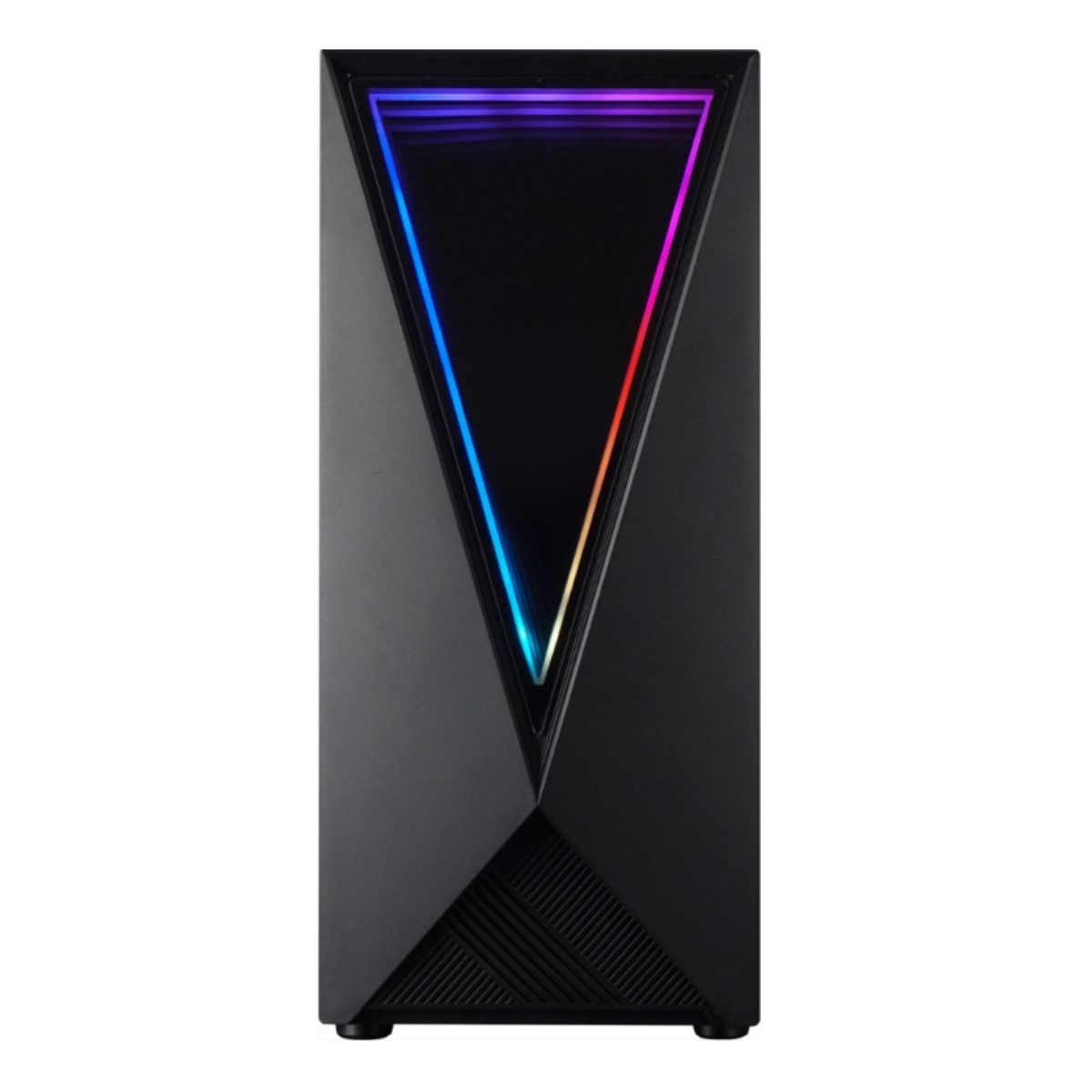 Una caja de computadora negra con un panel frontal en forma de V con luces de colores.