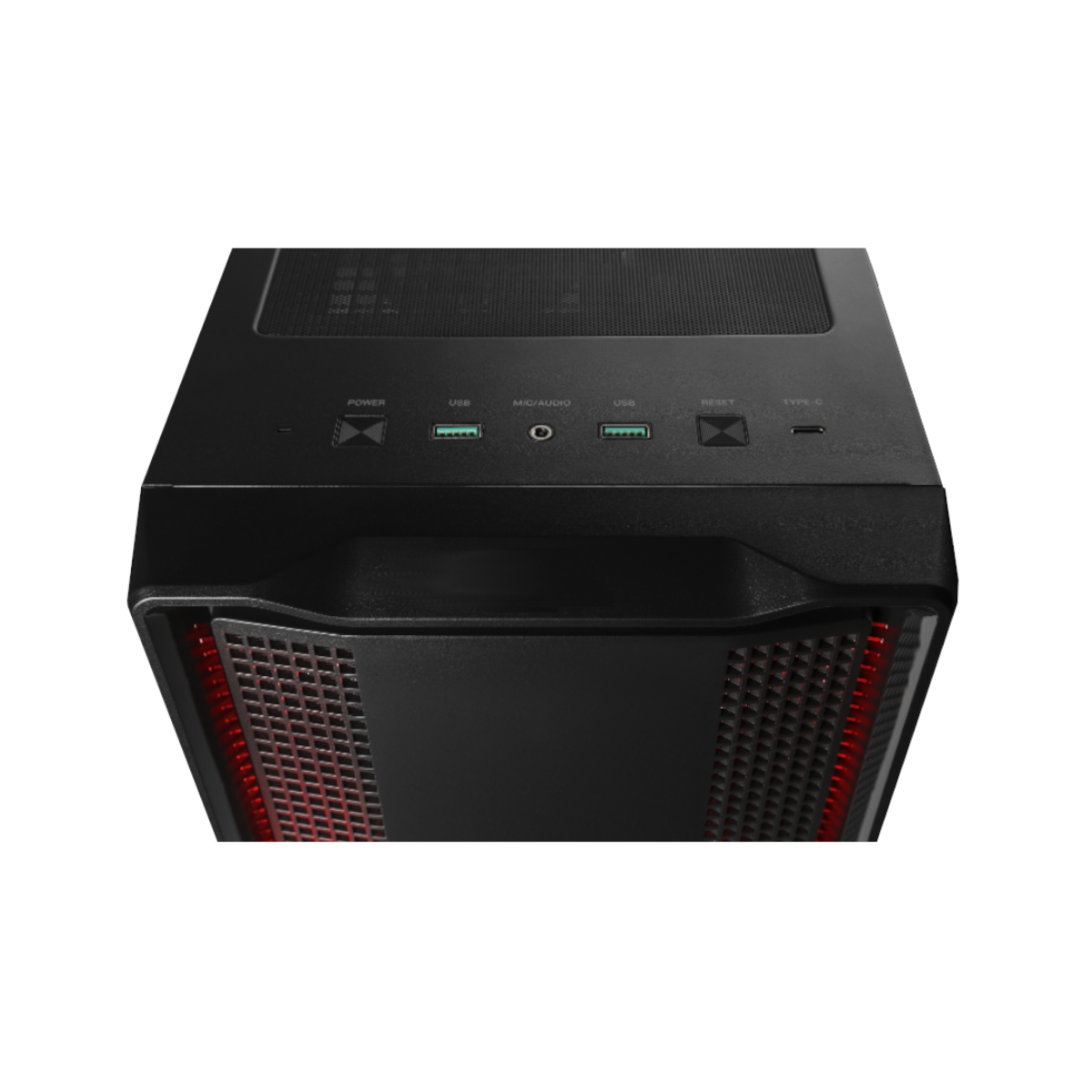 Una caja de ordenador negra, vista desde arriba. Tiene puertos de alimentación y USB, y luces rojas.