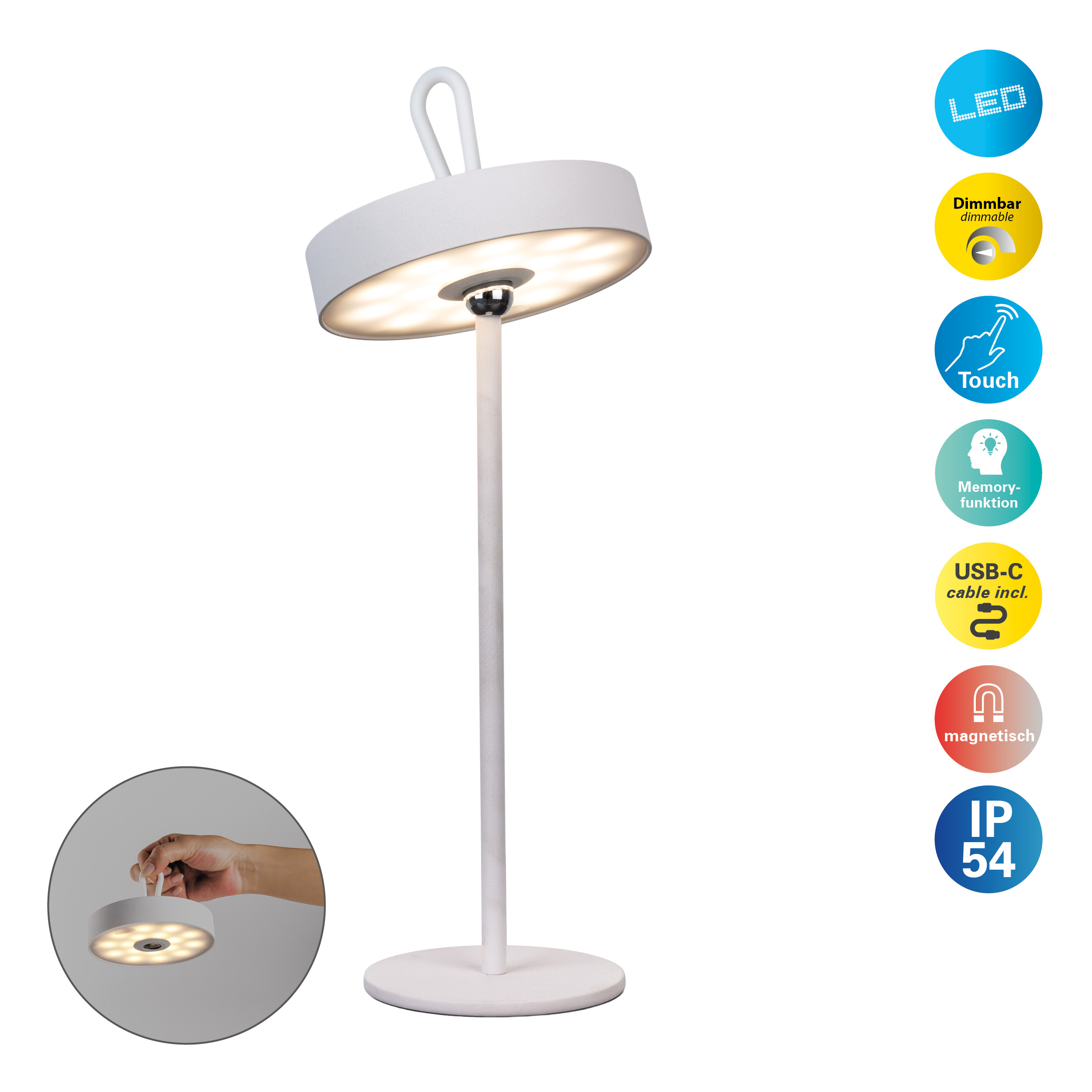 Weiße LED-Lampe auf weißer Basis. Kreisförmiges Licht oben. Mehrere Symbole an der Seite.